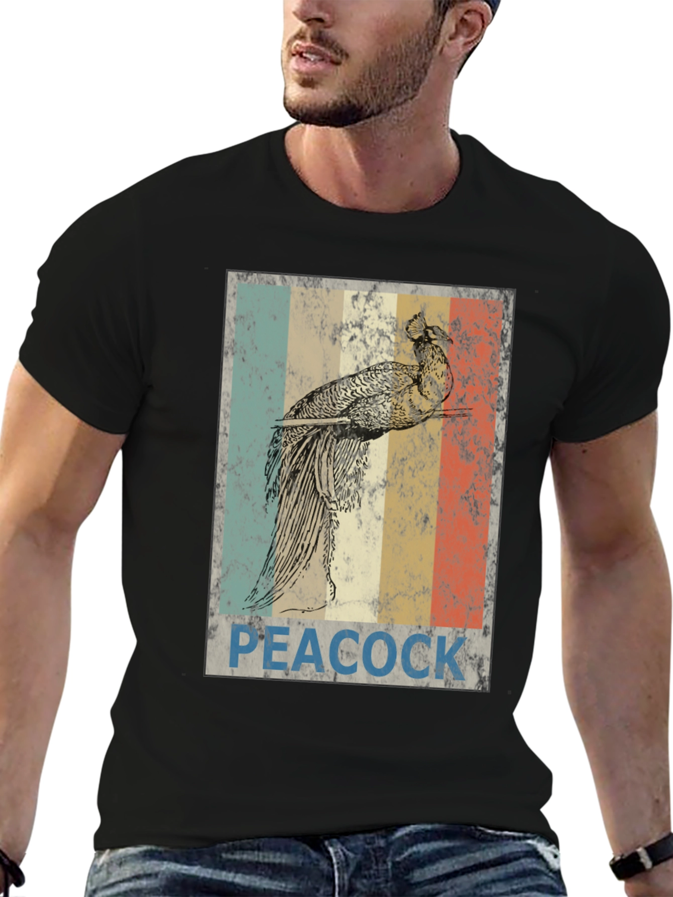 Retro Peacock Graphic Tee - Black