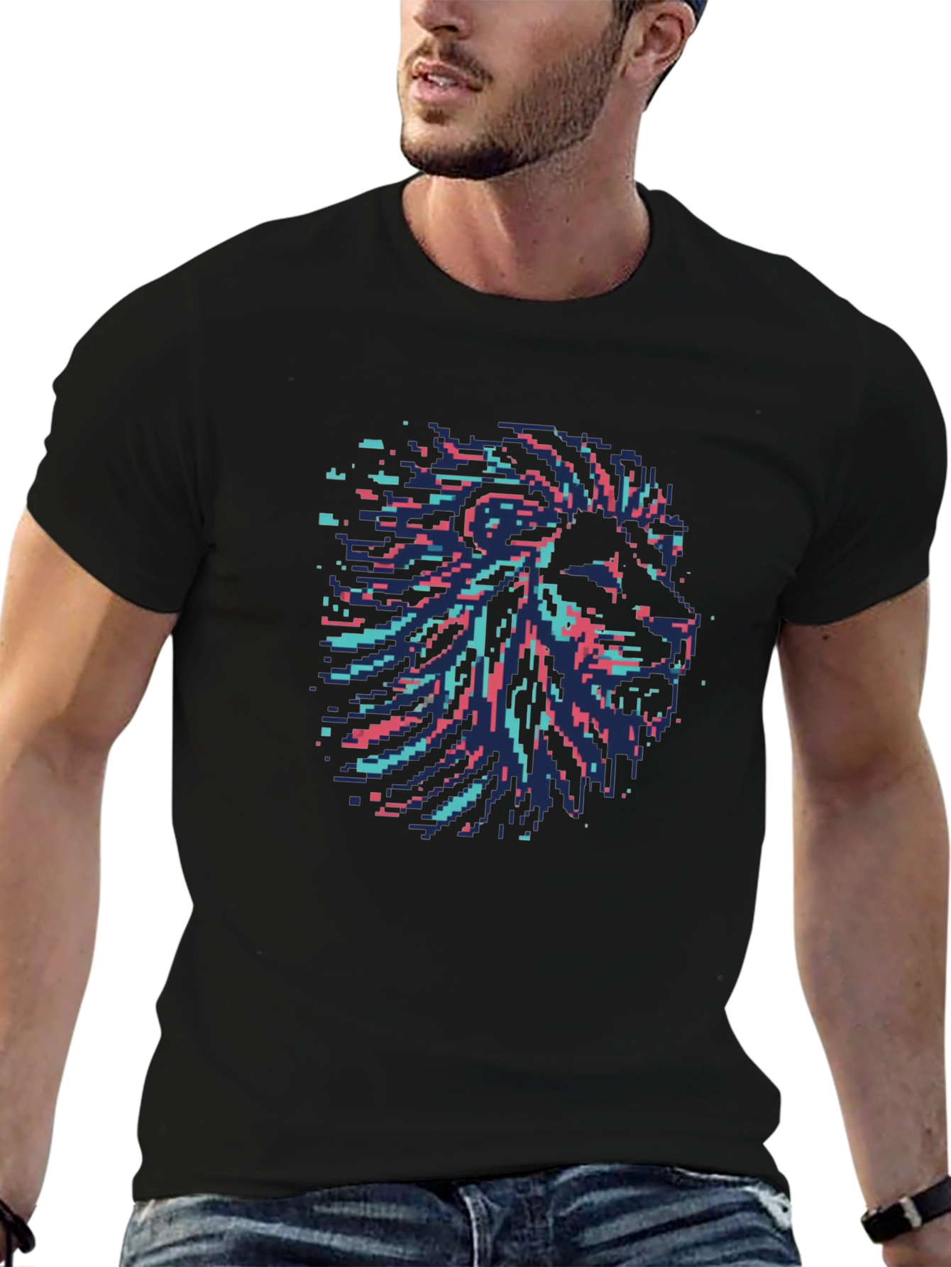 Pixel Art Lion Head Graphic Black T-Shirt
