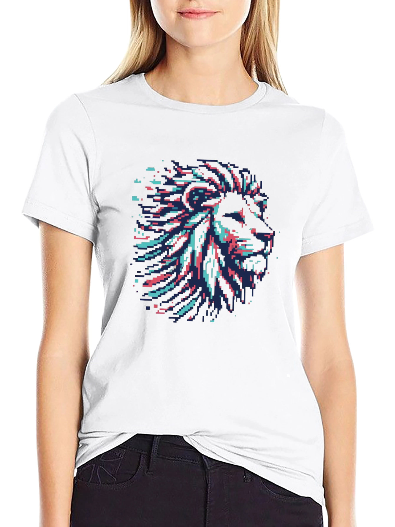 Pixel Art Lion Head Graphic Black T-Shirt
