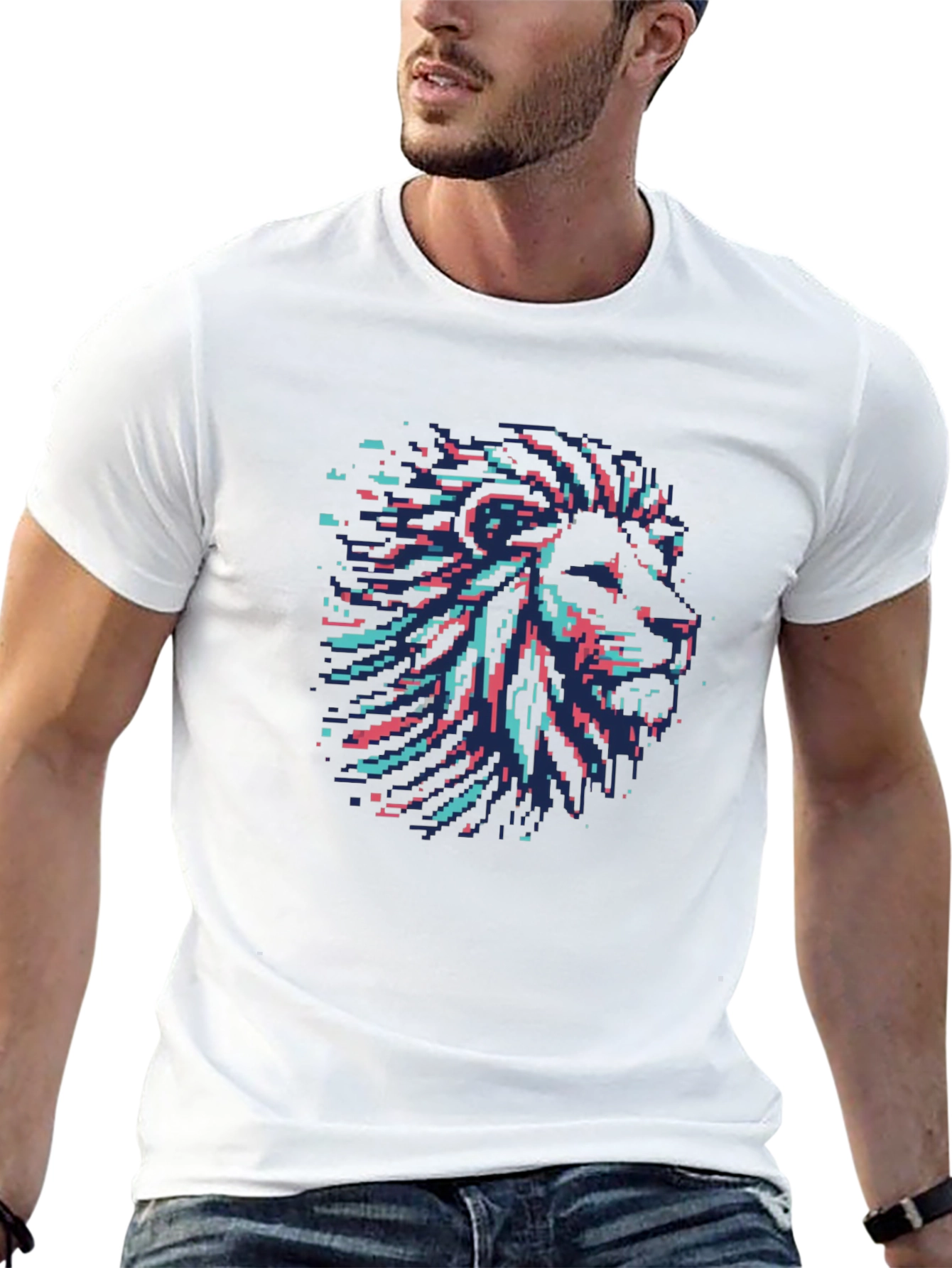 Pixel Art Lion Head Graphic Black T-Shirt