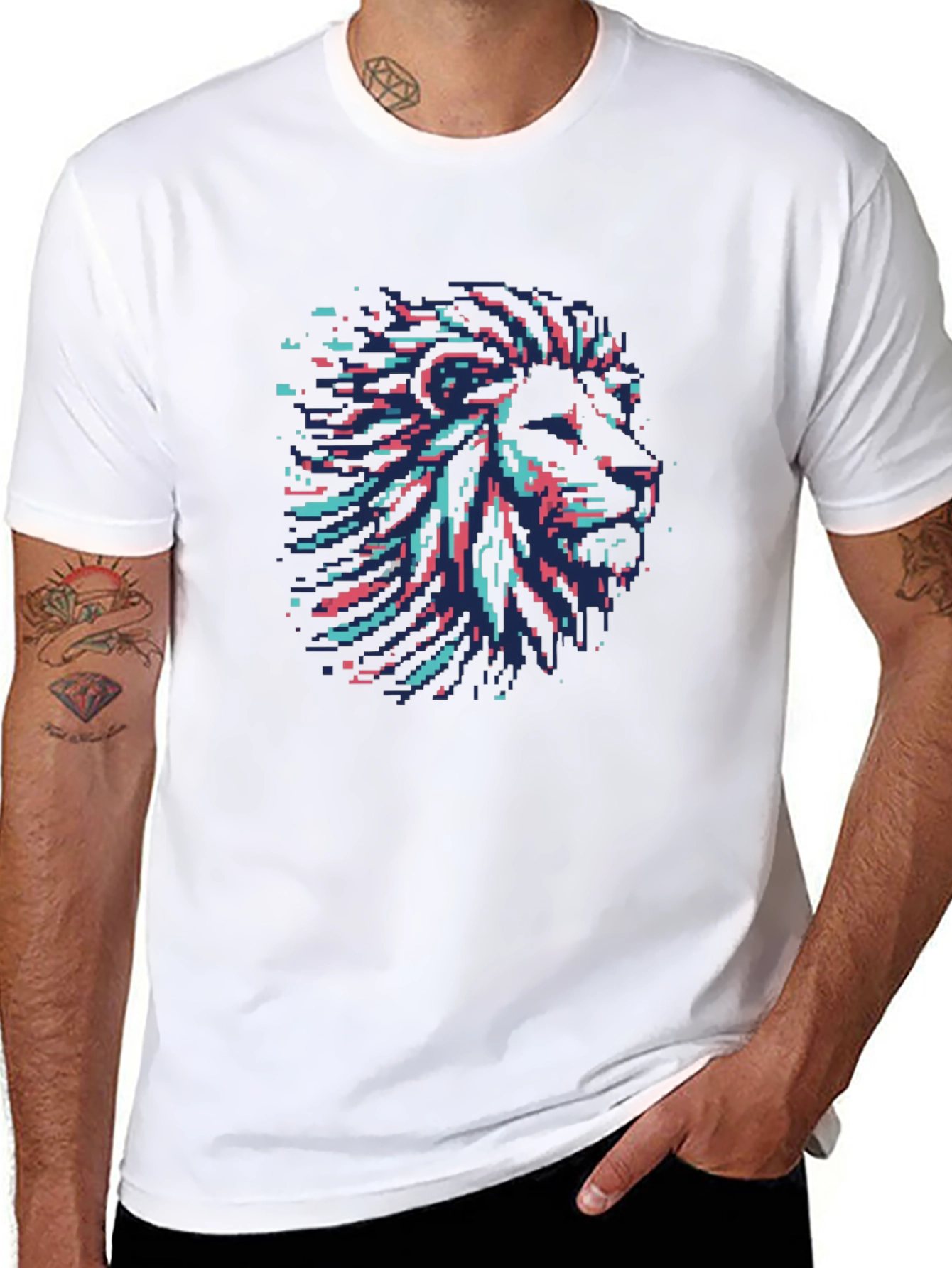 Pixel Art Lion Head Graphic Black T-Shirt