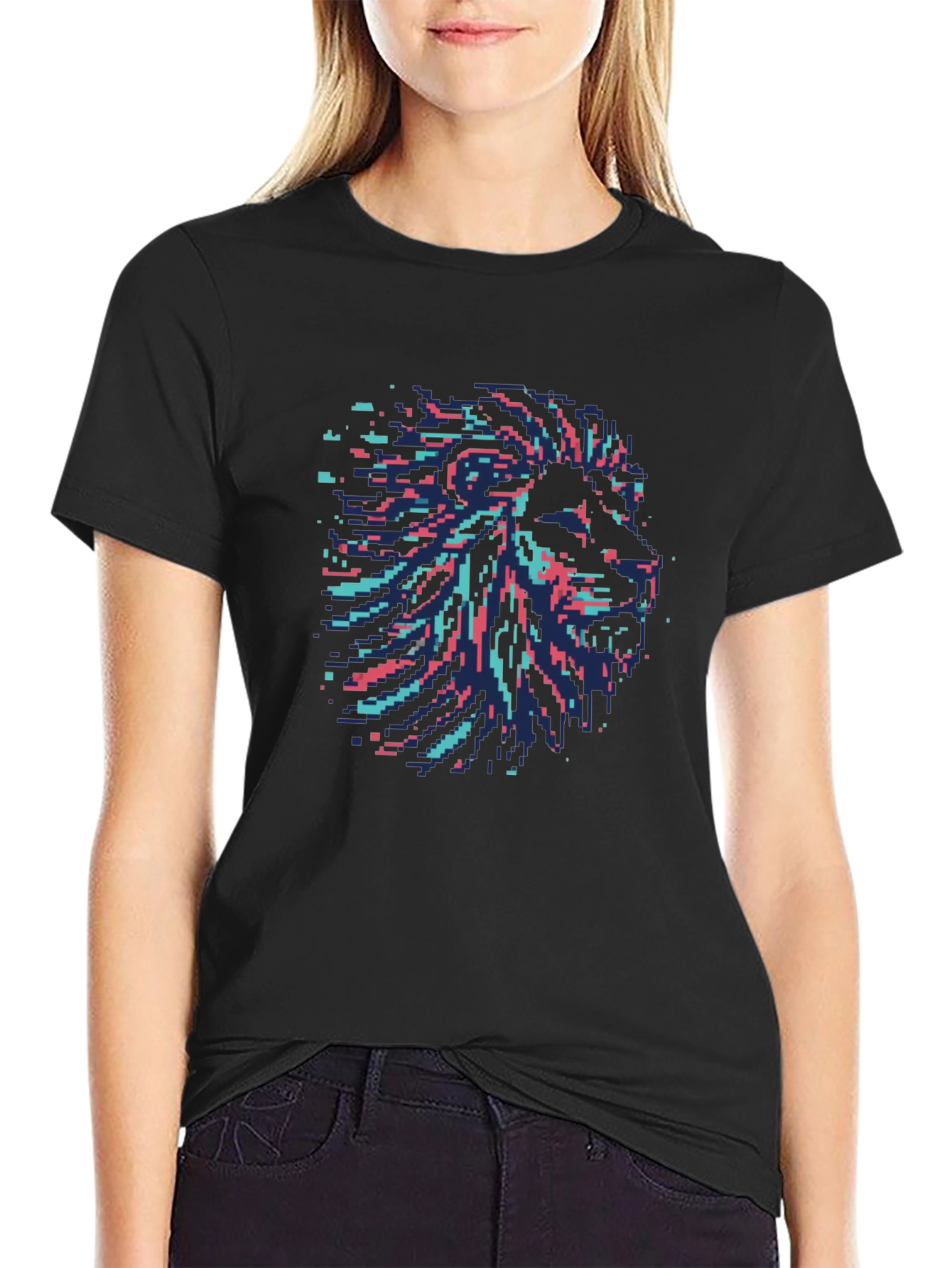 Pixel Art Lion Head Graphic Black T-Shirt