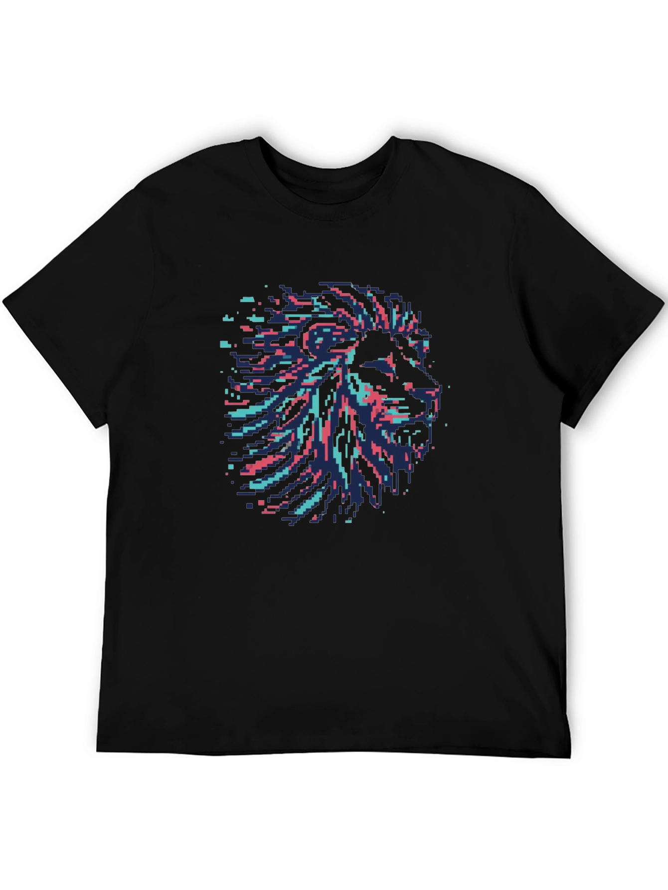 Pixel Art Lion Head Graphic Black T-Shirt