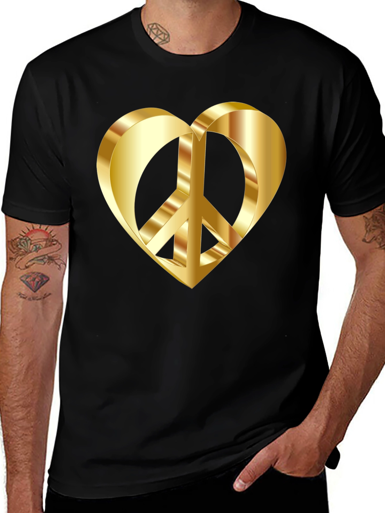 Golden Peace Heart Black T-Shirt