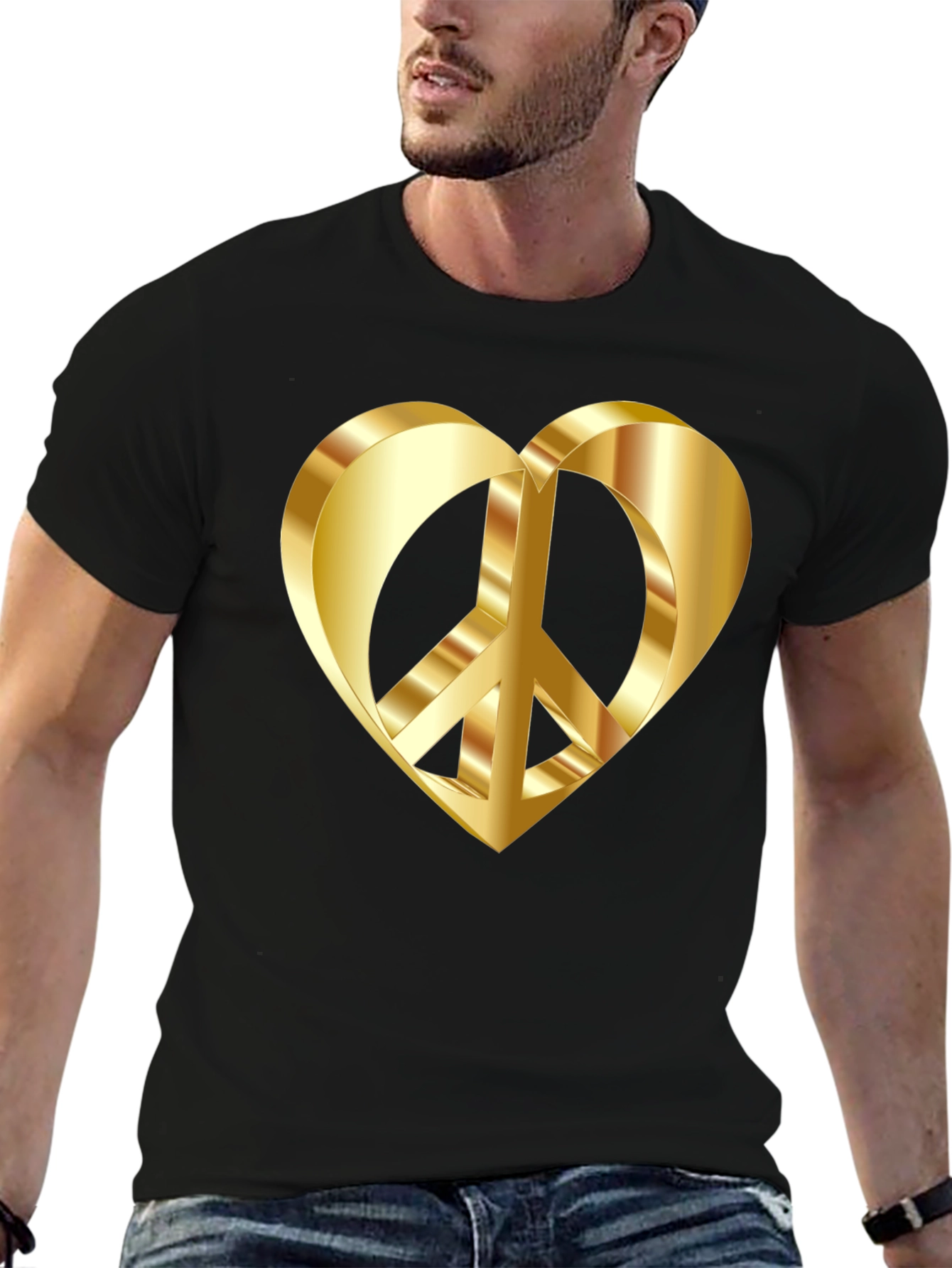 Golden Peace Heart Black T-Shirt