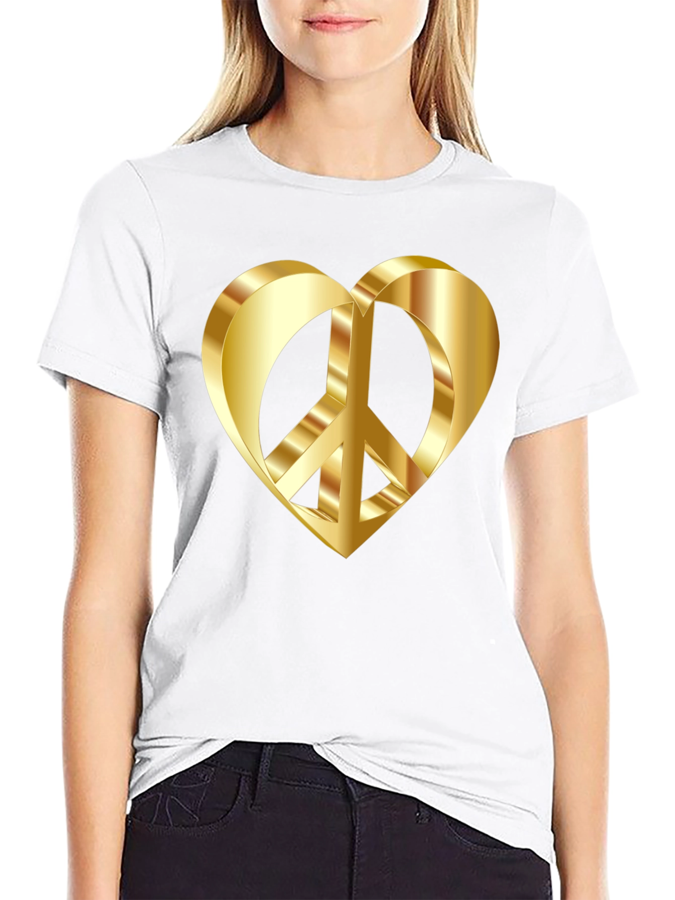 Golden Peace Heart Black T-Shirt