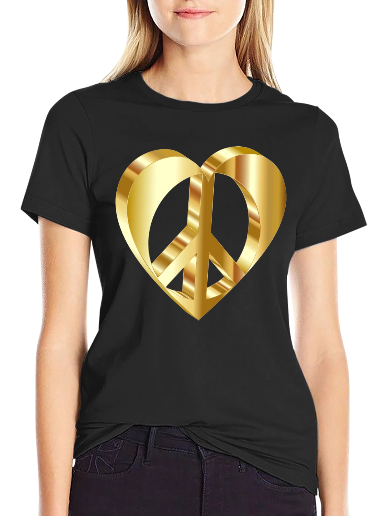 Golden Peace Heart Black T-Shirt