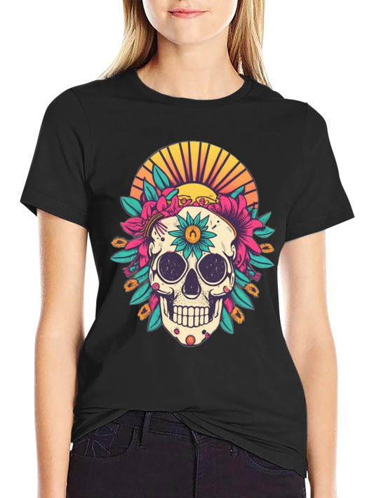 Floral Skull Graphic Tee - Day of the Dead Style