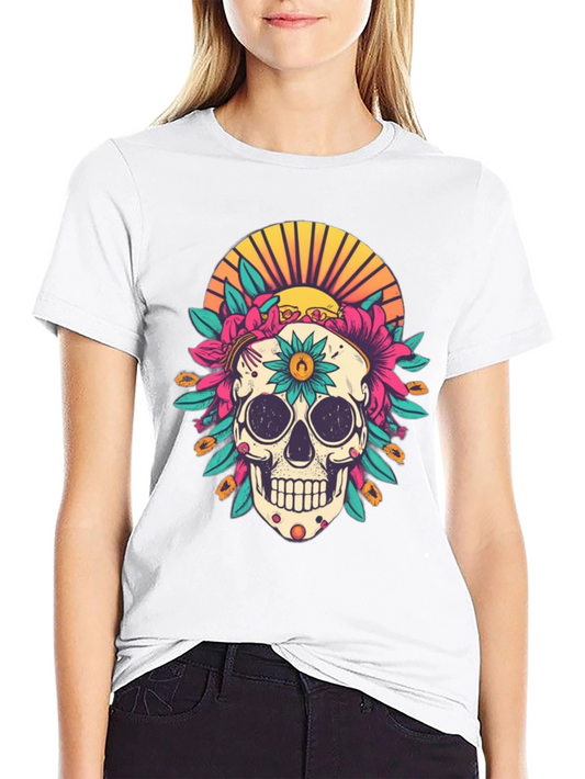 Floral Skull Graphic Tee - Day of the Dead Style