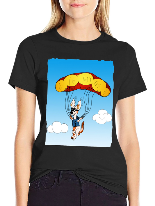 Parachuting Dog Graphic Tee - Black Cotton T-Shirt
