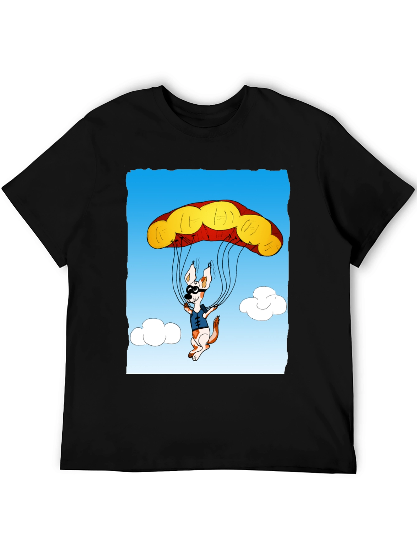 Parachuting Dog Graphic Tee - Black Cotton T-Shirt