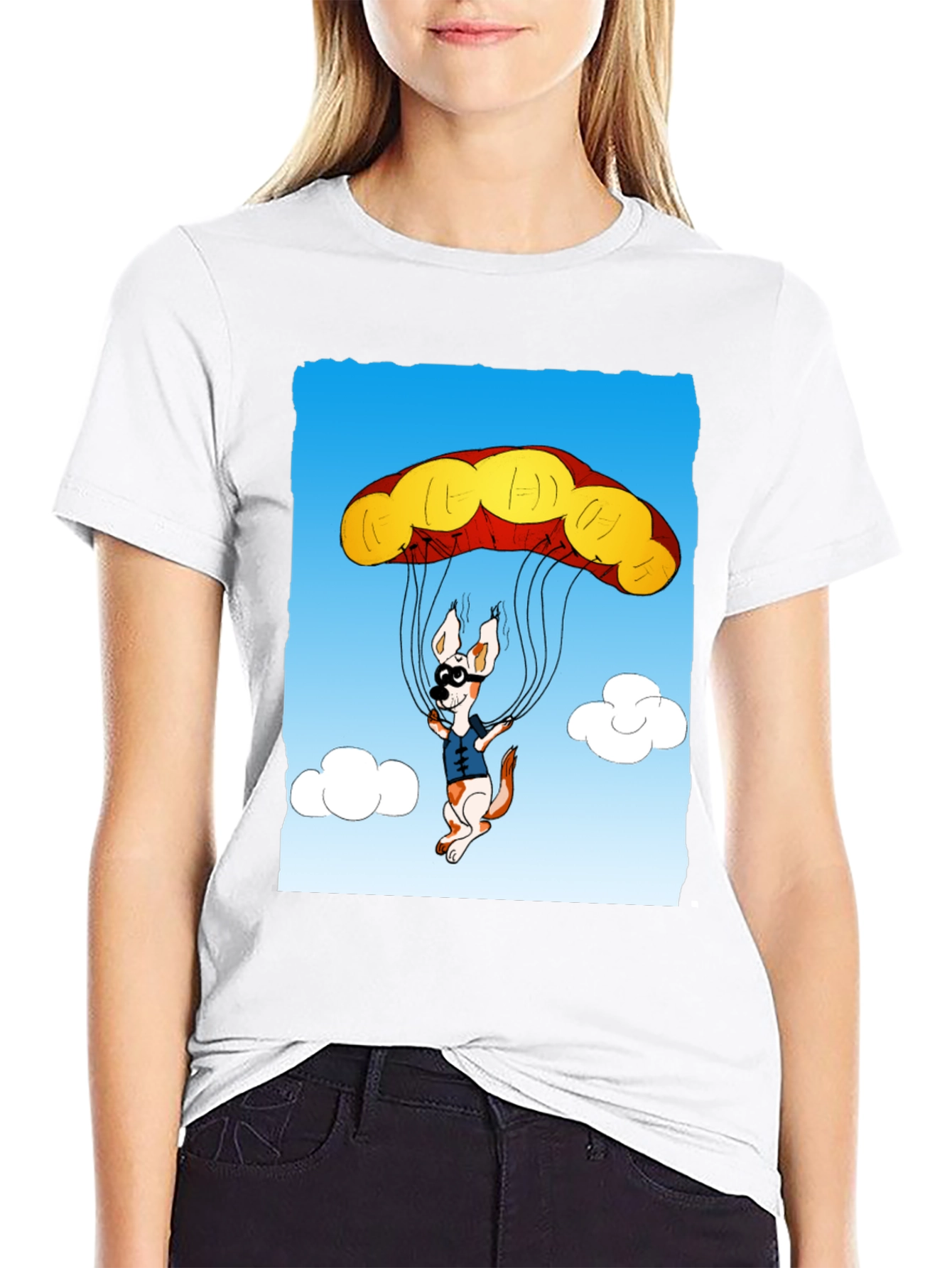 Parachuting Dog Graphic Tee - Black Cotton T-Shirt