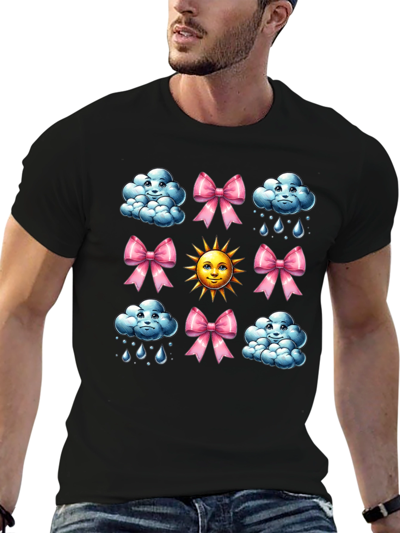 Cheerful Weather Pattern Black T-Shirt