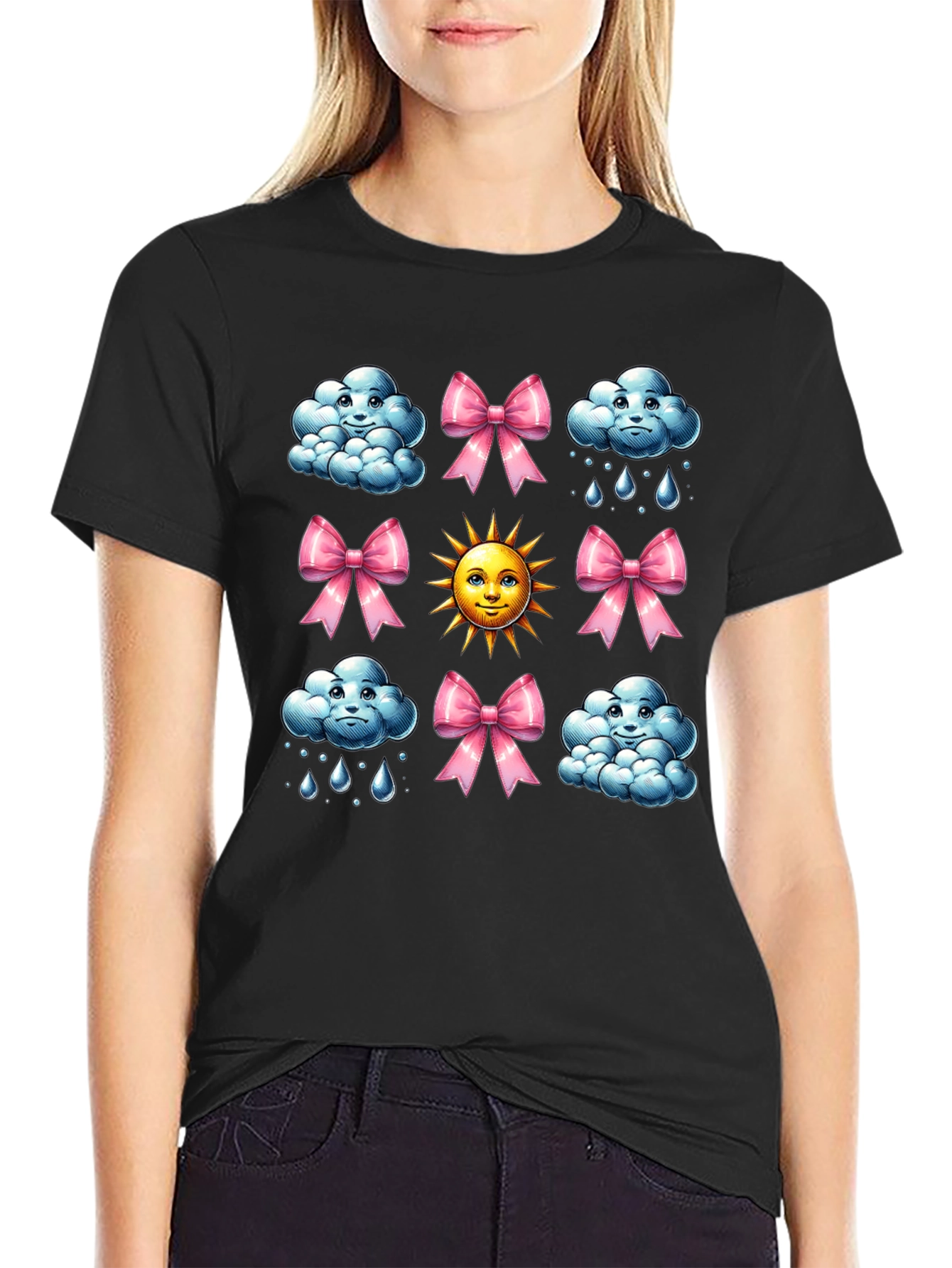 Cheerful Weather Pattern Black T-Shirt