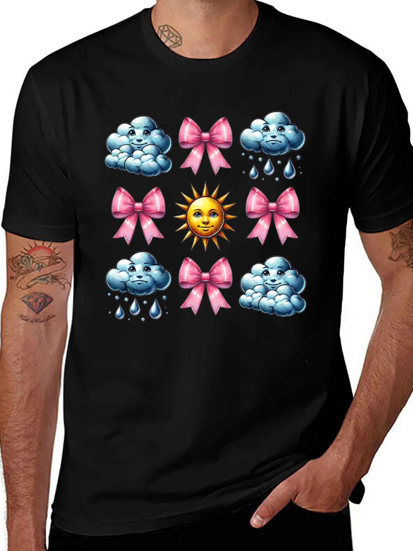 Cheerful Weather Pattern Black T-Shirt