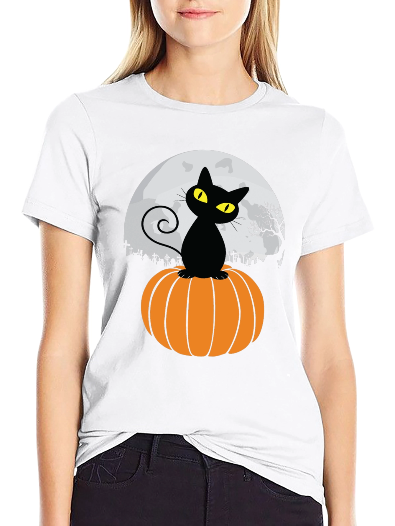 Halloween Black Cat Pumpkin Moon T-Shirt