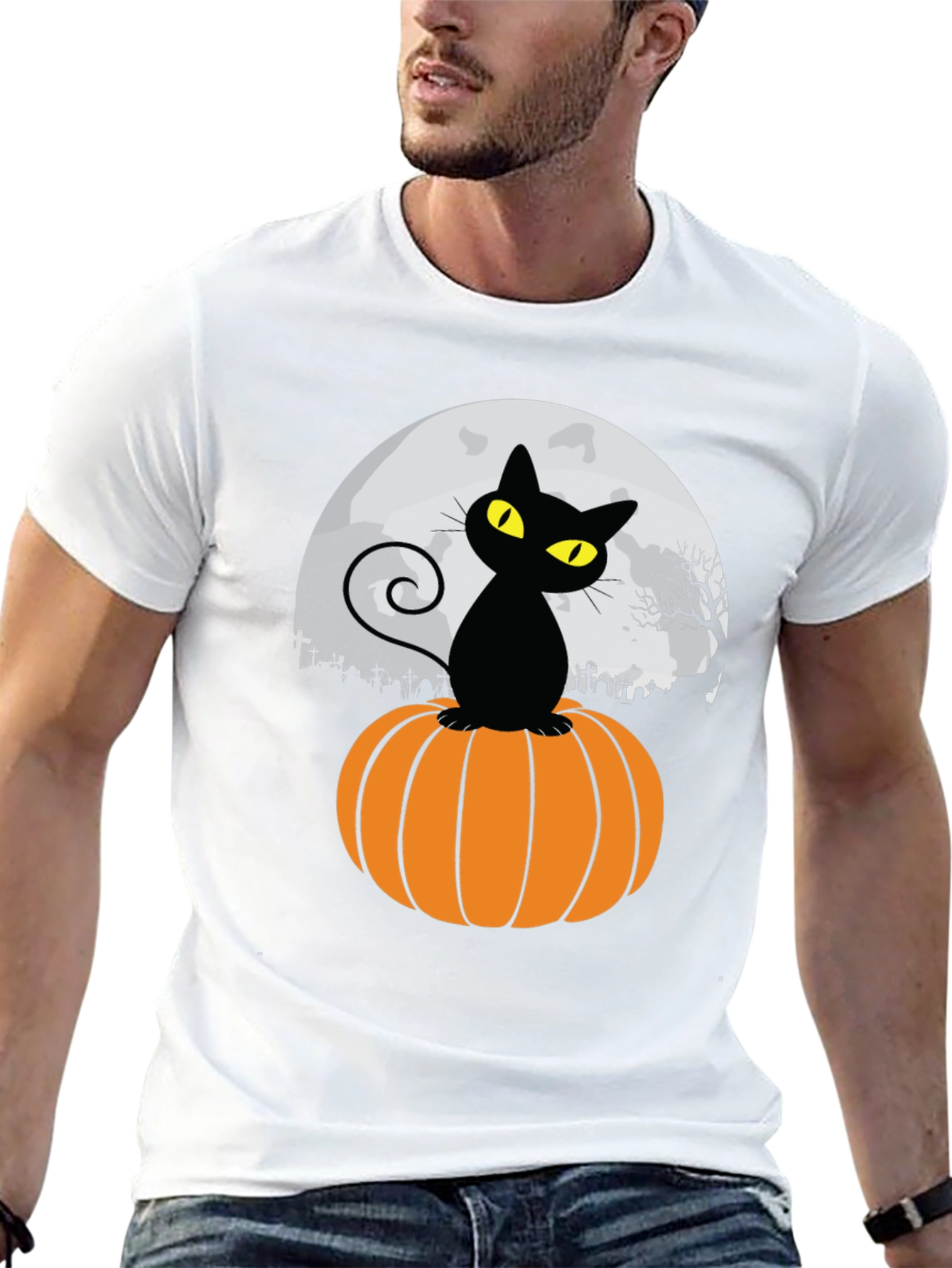 Halloween Black Cat Pumpkin Moon T-Shirt