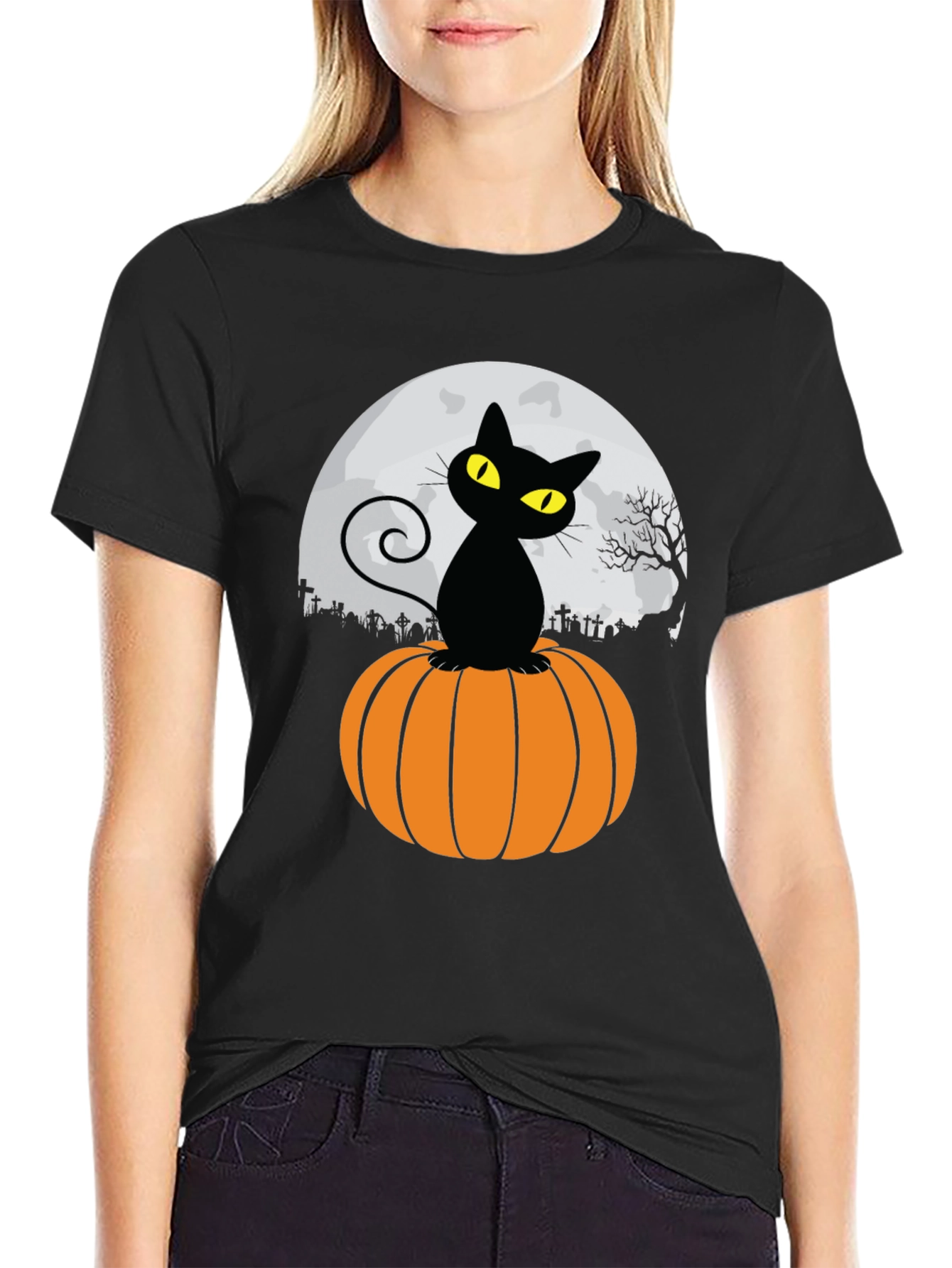 Halloween Black Cat Pumpkin Moon T-Shirt