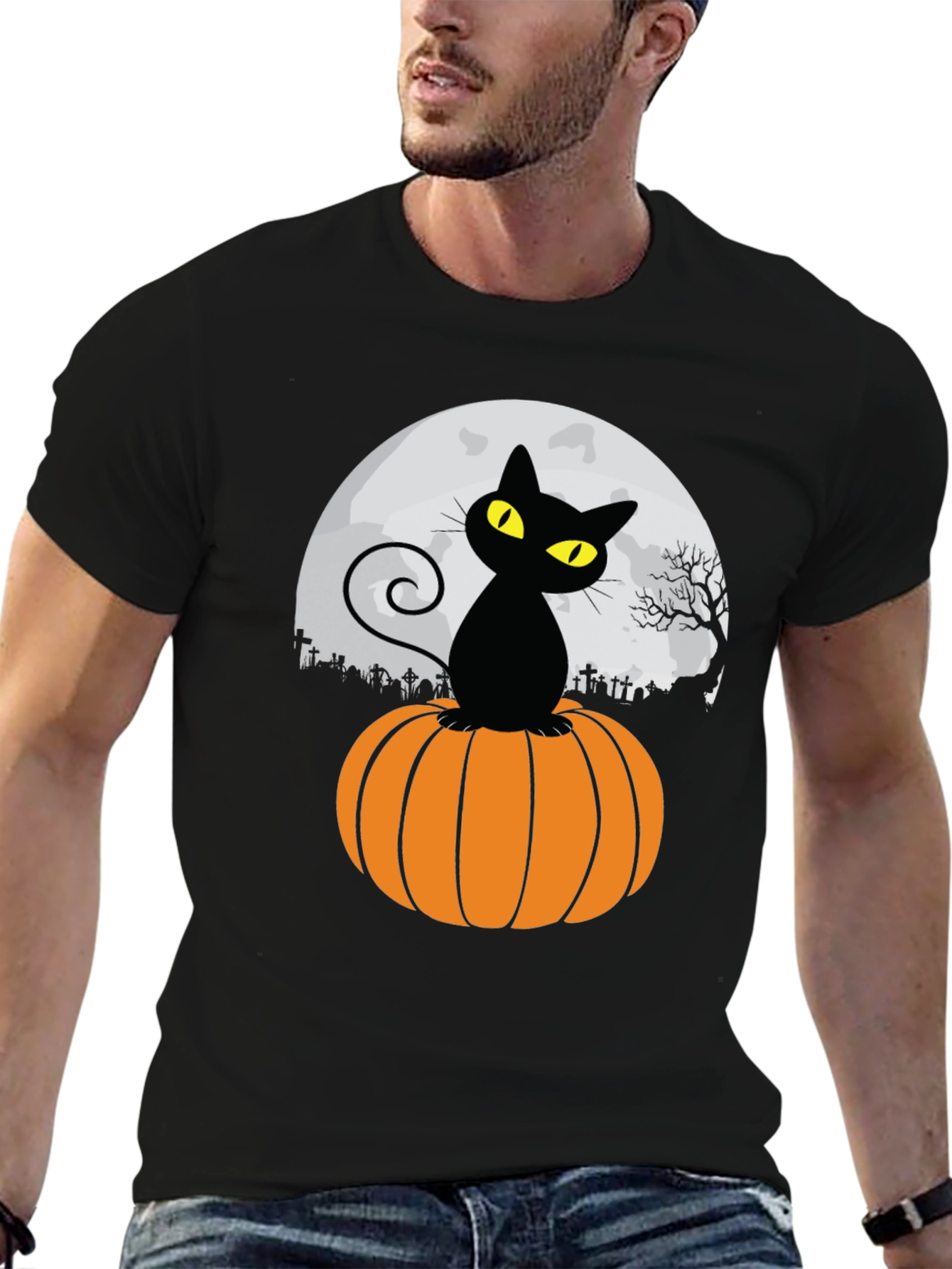 Halloween Black Cat Pumpkin Moon T-Shirt