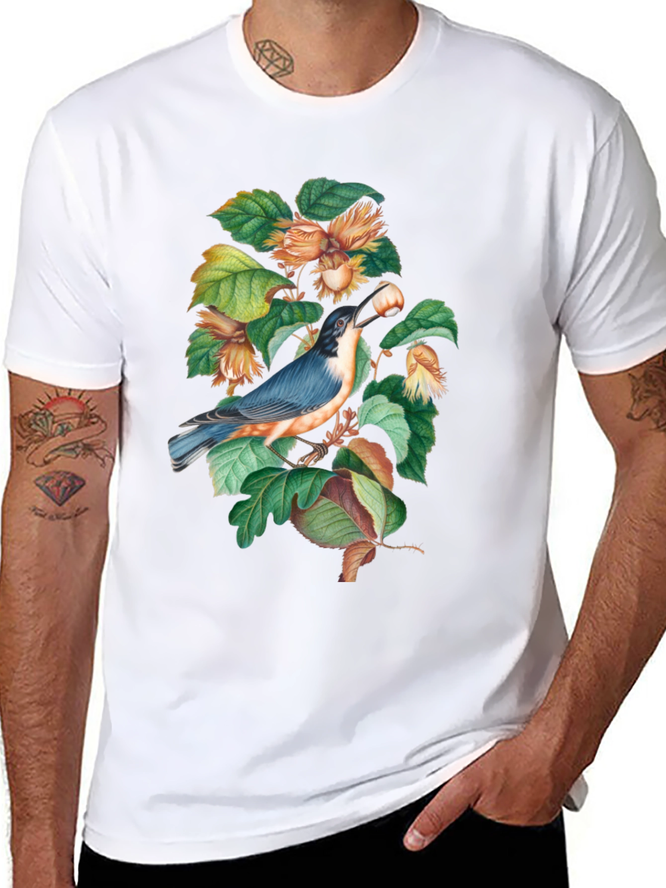 Bird and Nut T-Shirt - Nature Inspired Graphic Tee