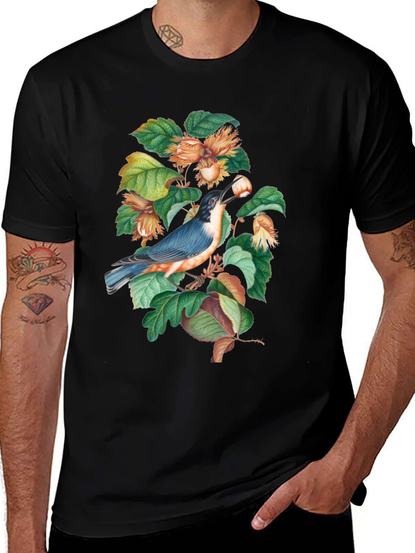 Bird and Nut T-Shirt - Nature Inspired Graphic Tee