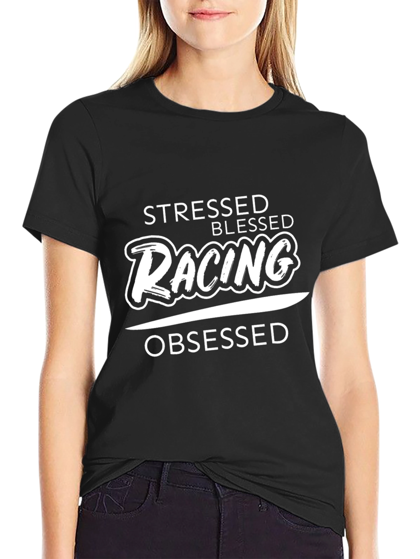 Stressed Blessed Racing Obsessed Black T-Shirt