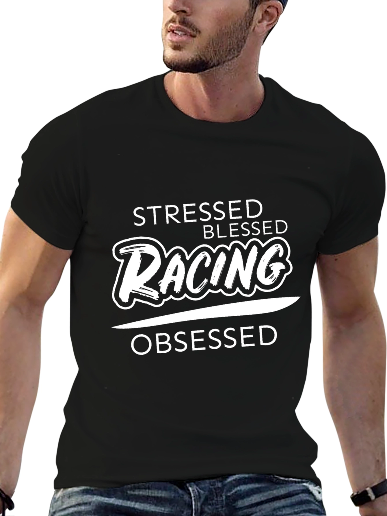 Stressed Blessed Racing Obsessed Black T-Shirt