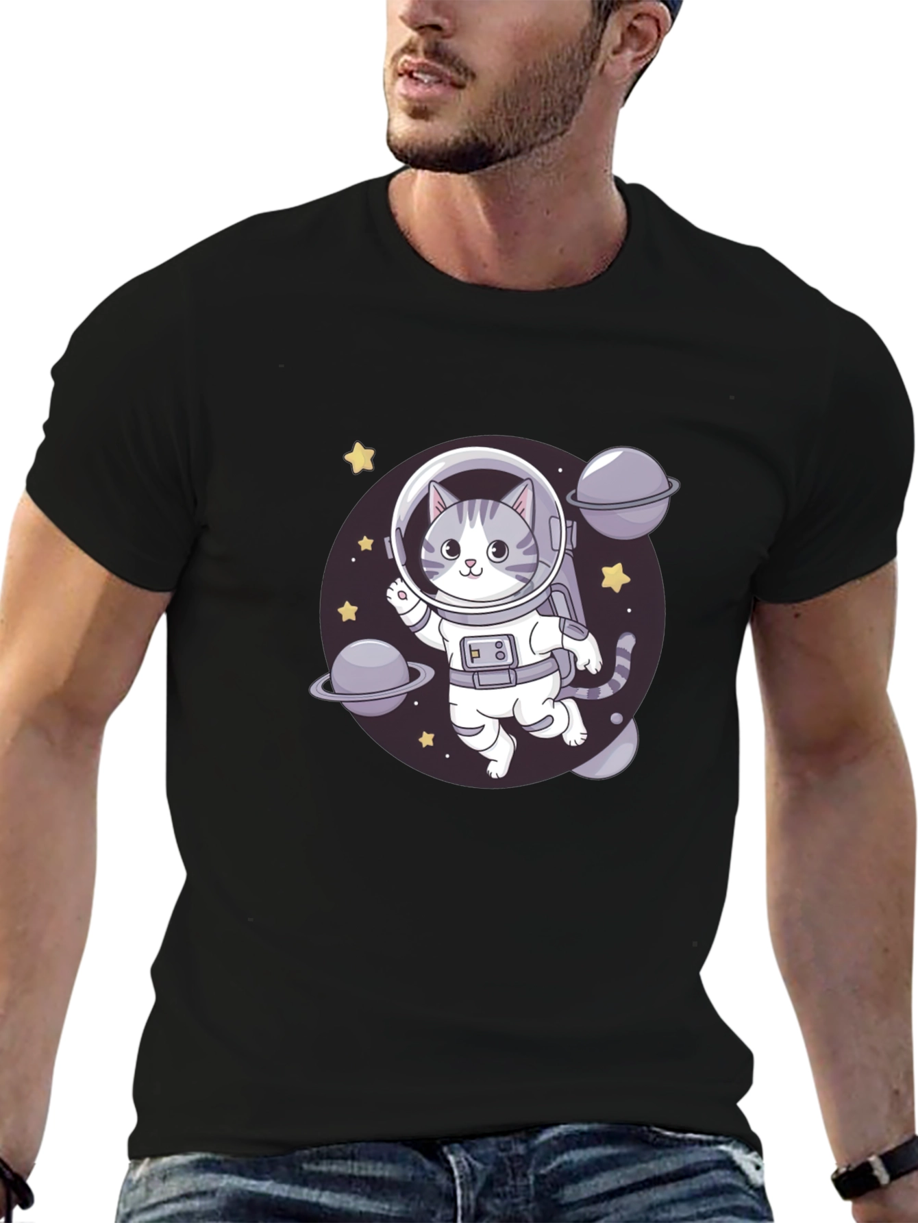 Cat Astronaut Black T-Shirt