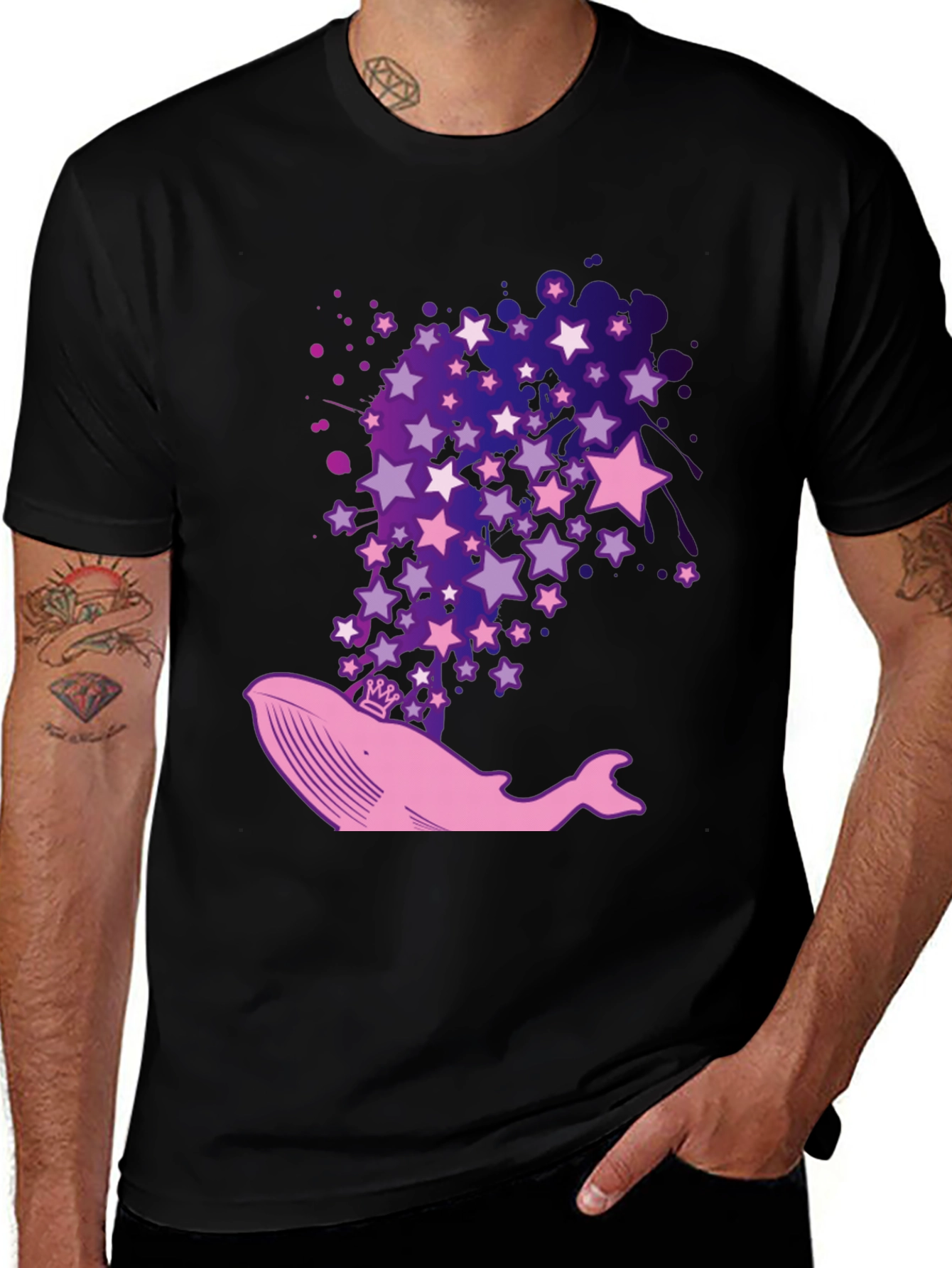 Whale & Stars Graphic Tee - Black Cotton T-Shirt