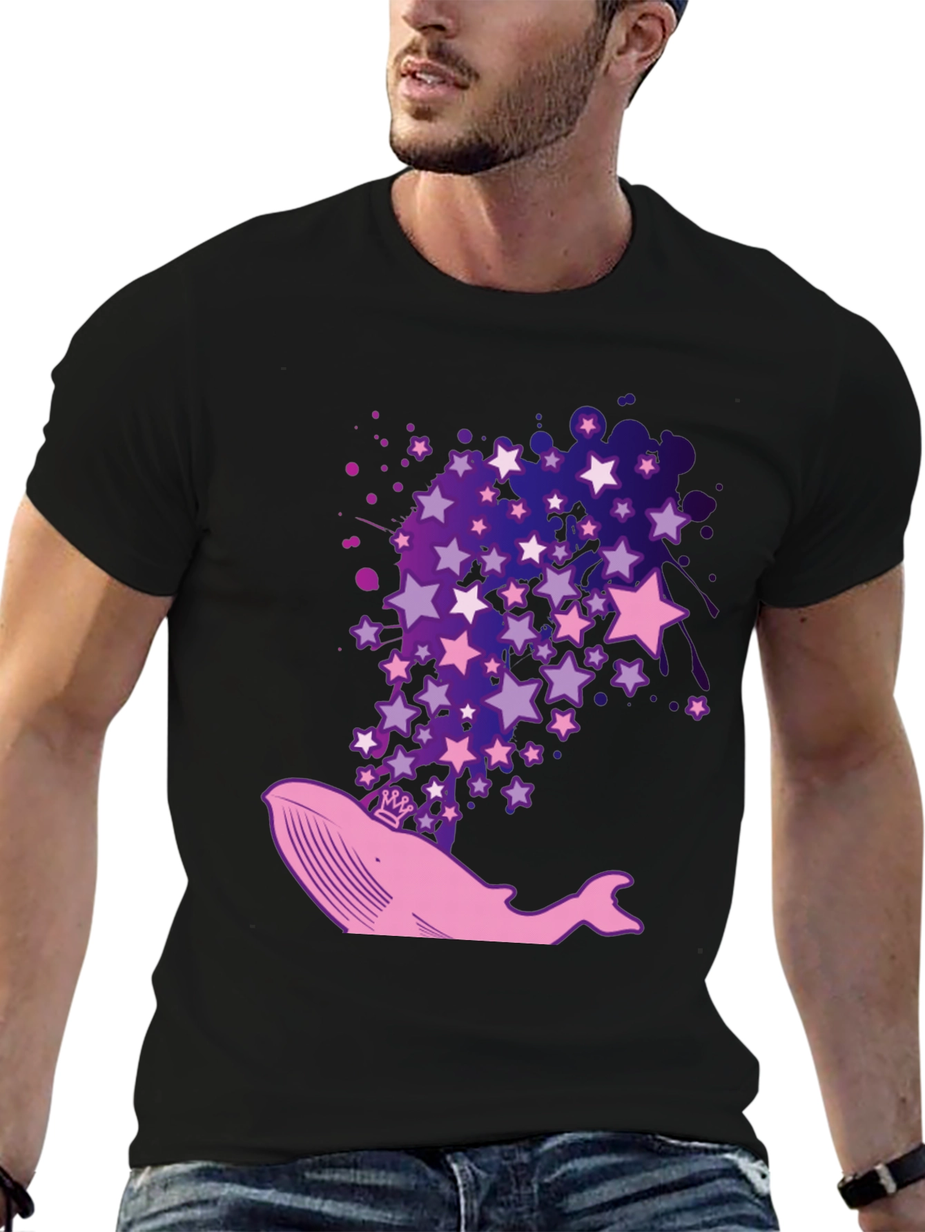 Whale & Stars Graphic Tee - Black Cotton T-Shirt