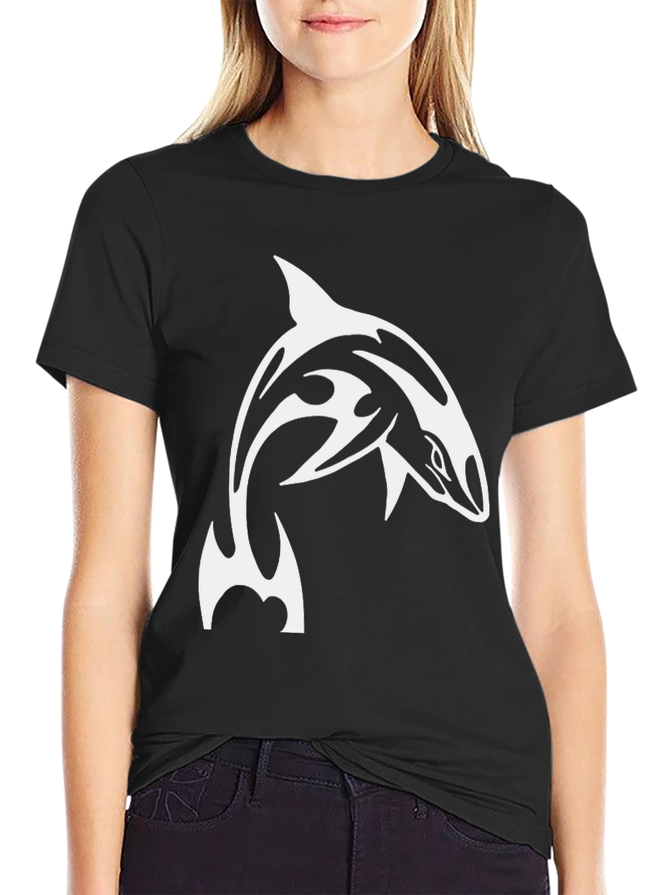 Black T-Shirt with Orca Whale Tribal Design