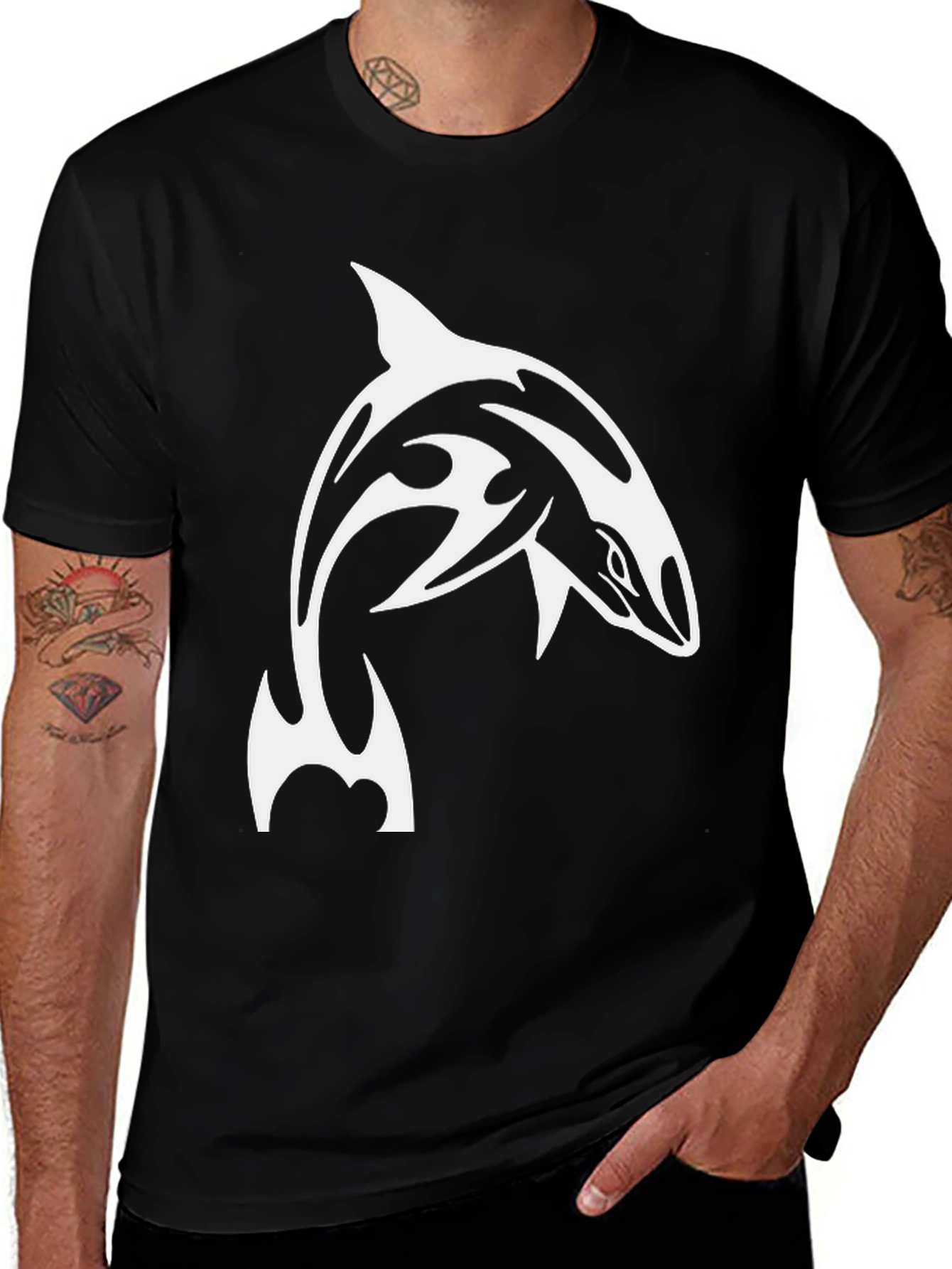 Black T-Shirt with Orca Whale Tribal Design