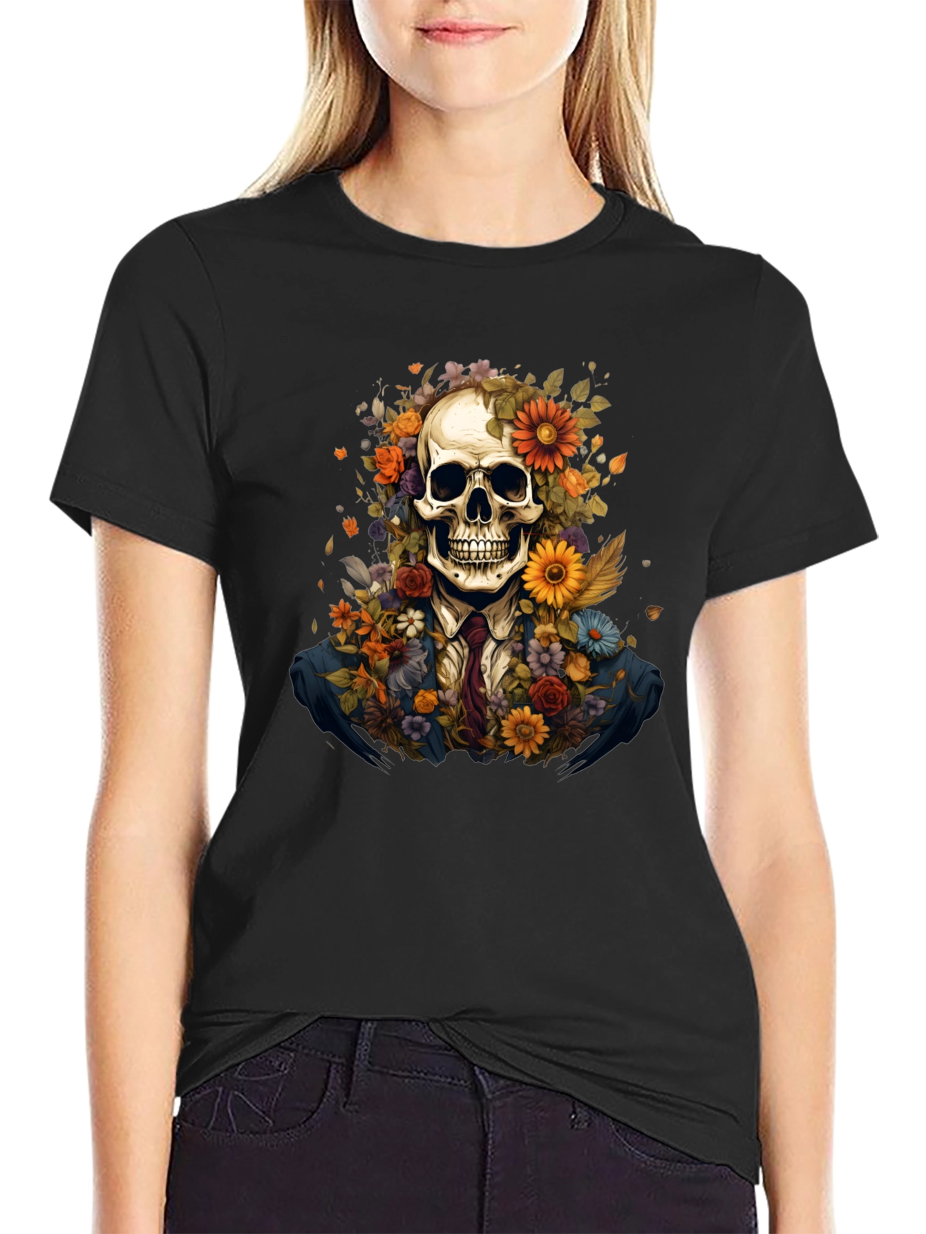 Floral Skull Graphic Tee - Unique Art Design