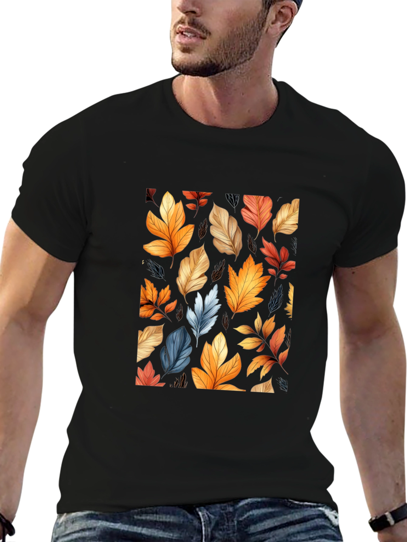 Autumn Leaves Pattern Black T-Shirt