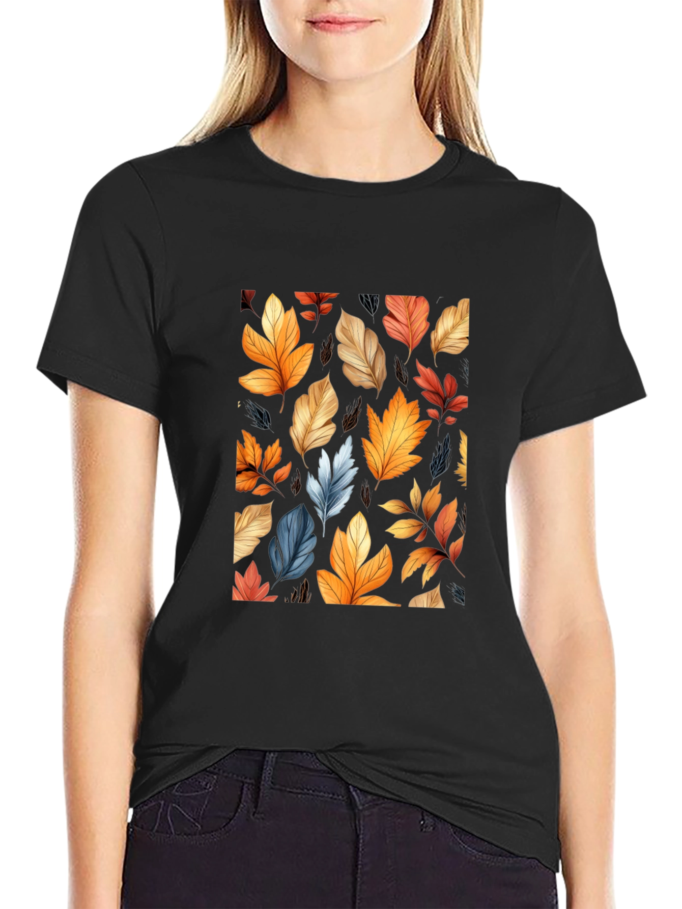 Autumn Leaves Pattern Black T-Shirt