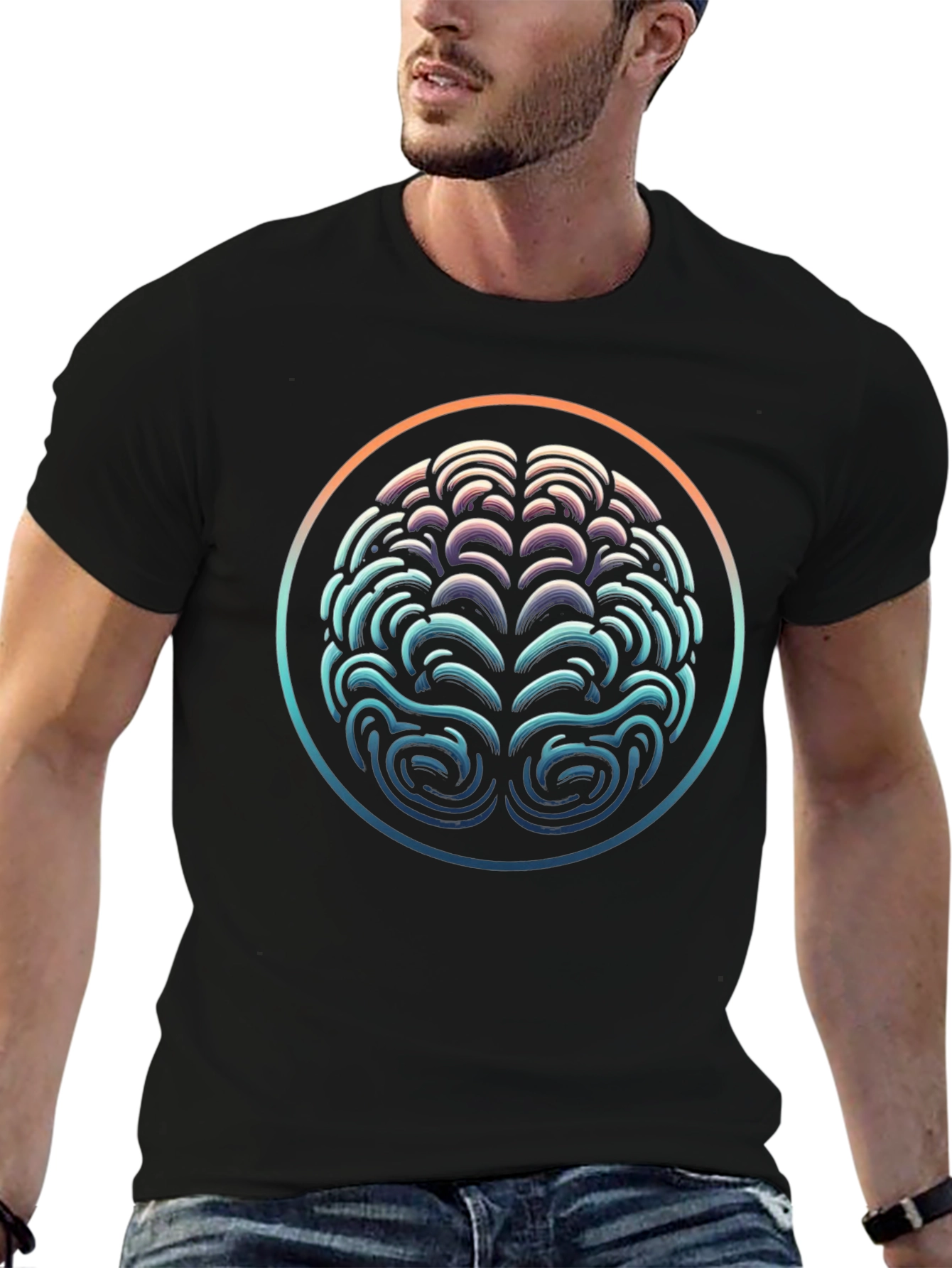 Abstract Brain Graphic Tee - Black Crewneck Shirt