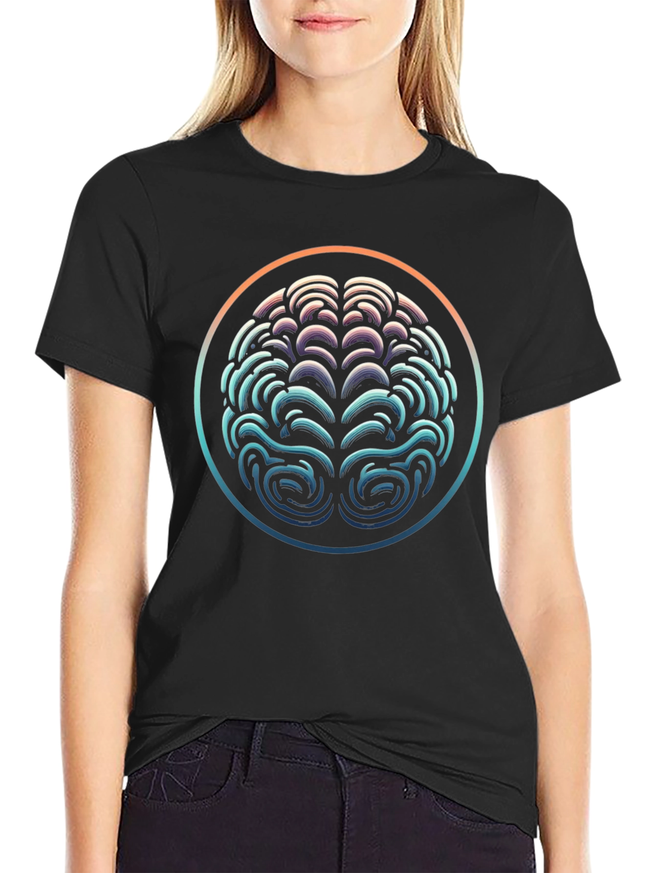 Abstract Brain Graphic Tee - Black Crewneck Shirt