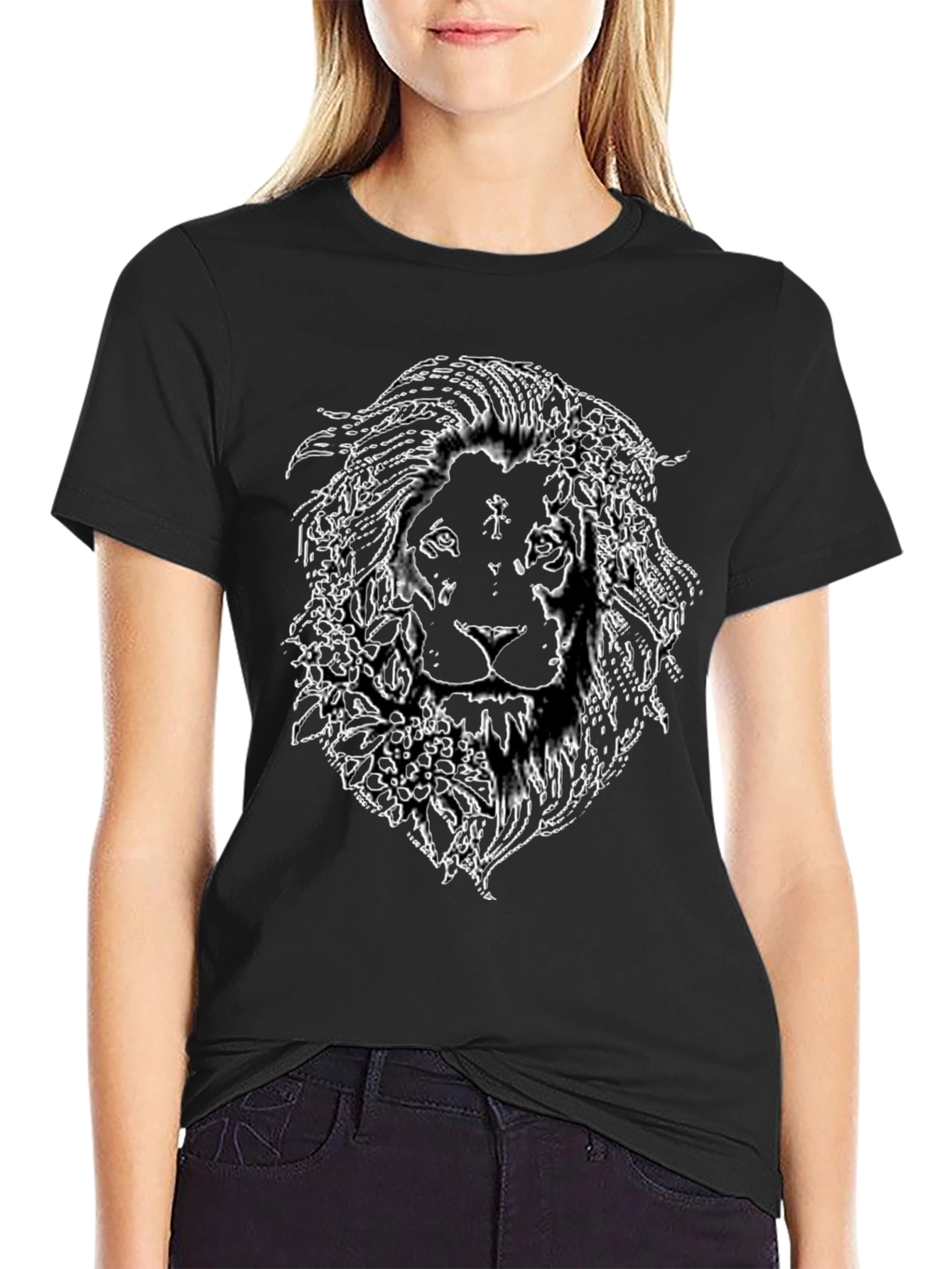 Lion Floral Graphic Print Black T-Shirt