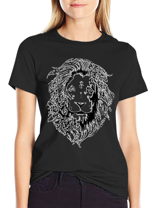 Lion Floral Graphic Print Black T-Shirt