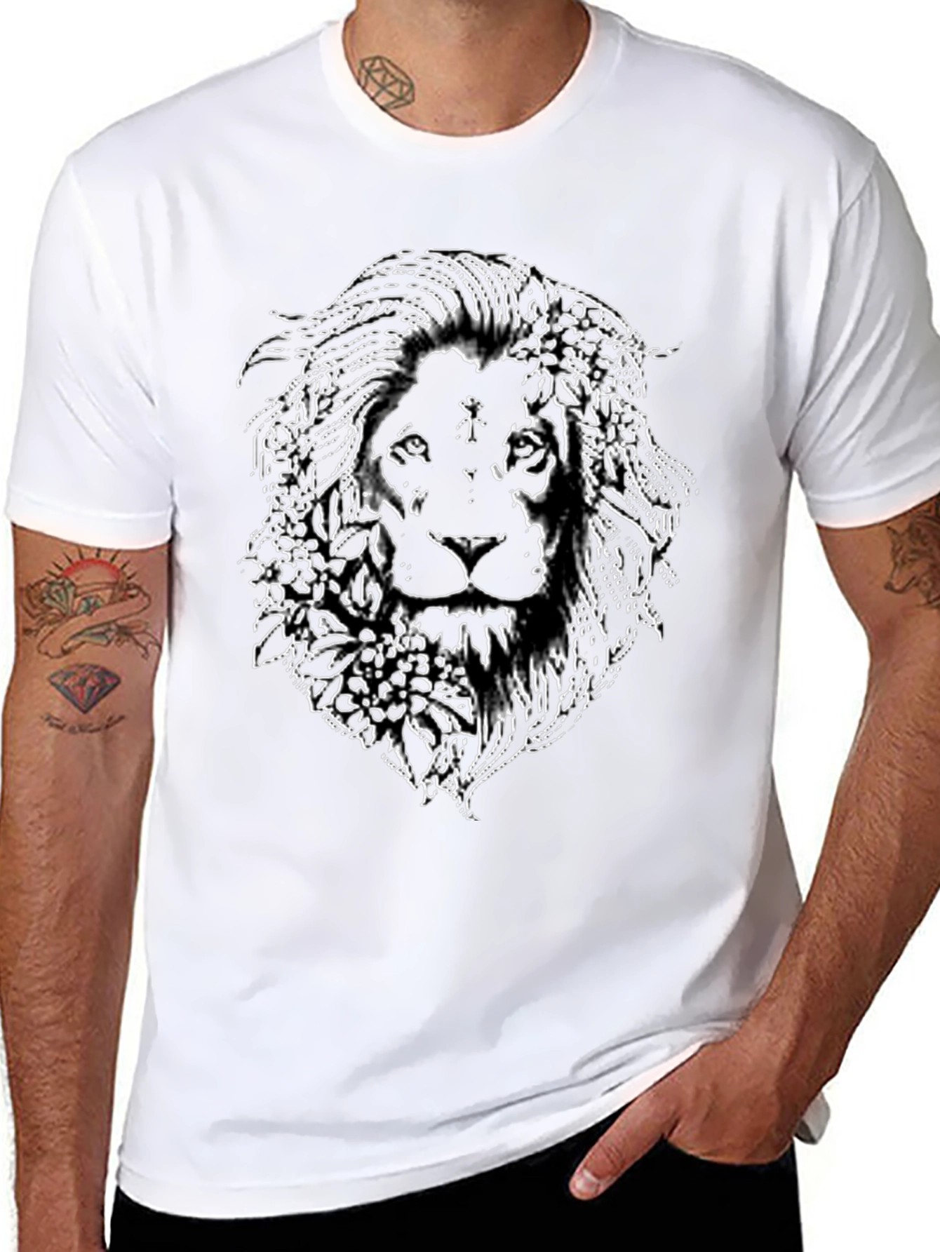 Lion Floral Graphic Print Black T-Shirt