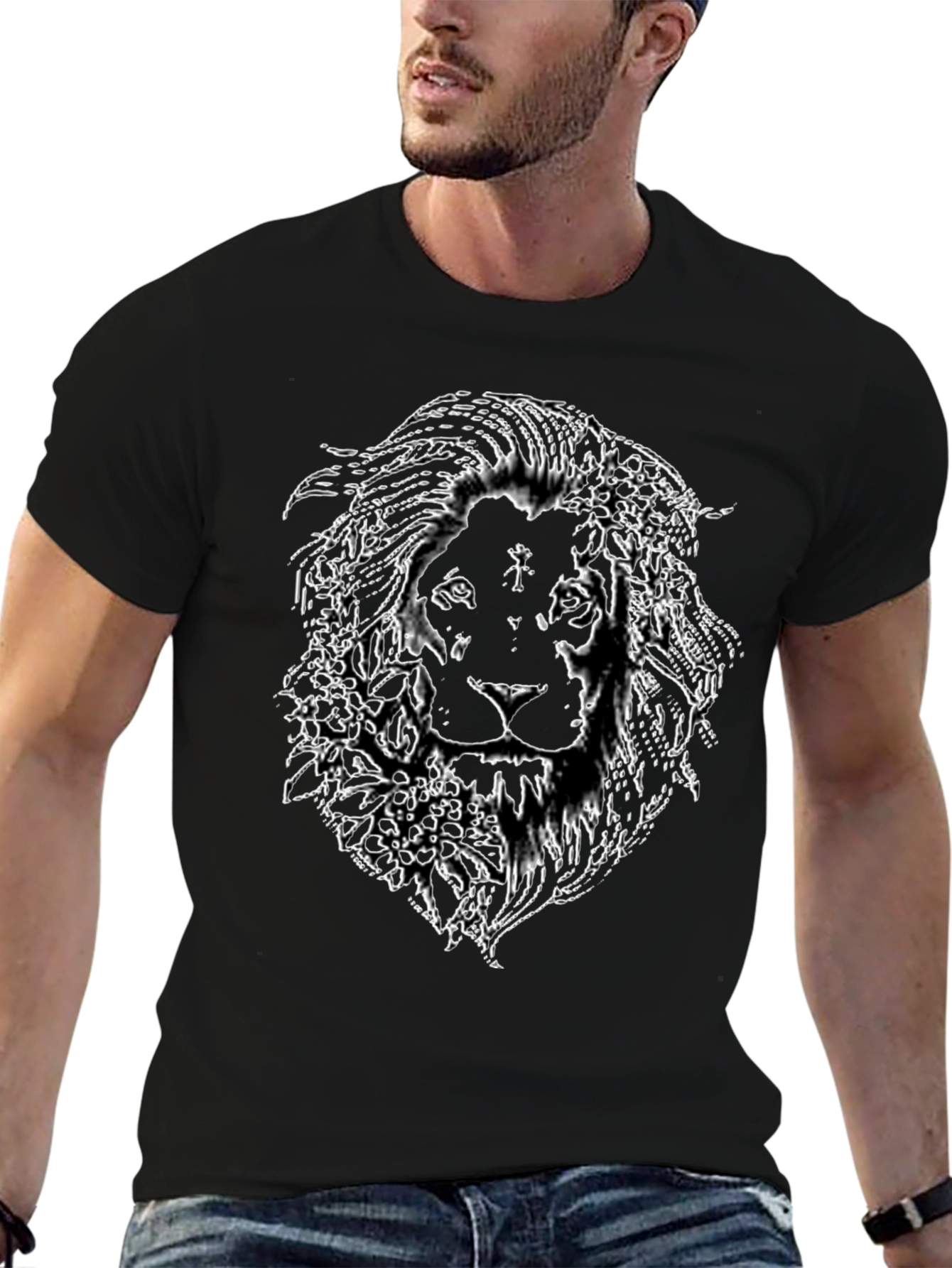 Lion Floral Graphic Print Black T-Shirt