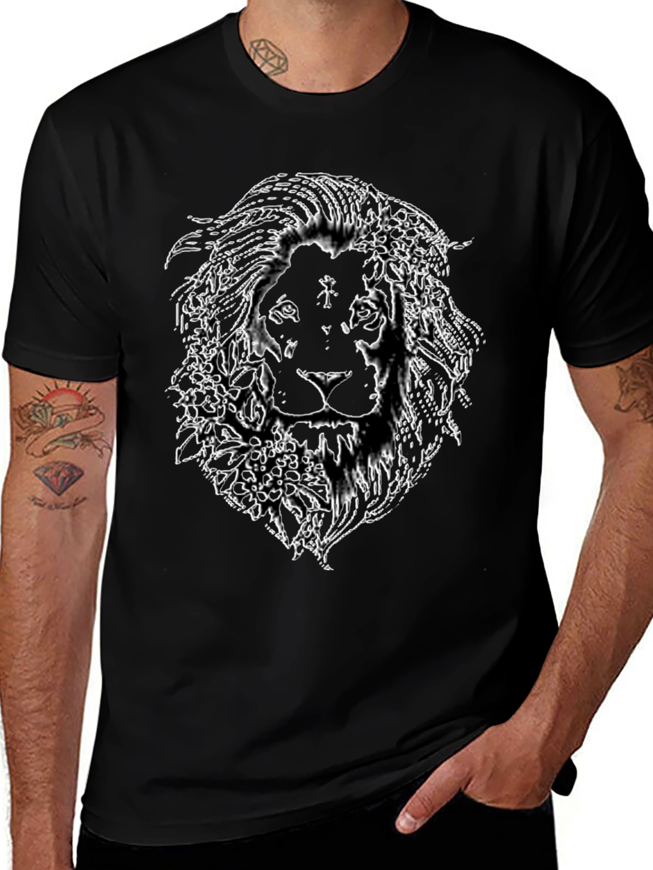 Lion Floral Graphic Print Black T-Shirt