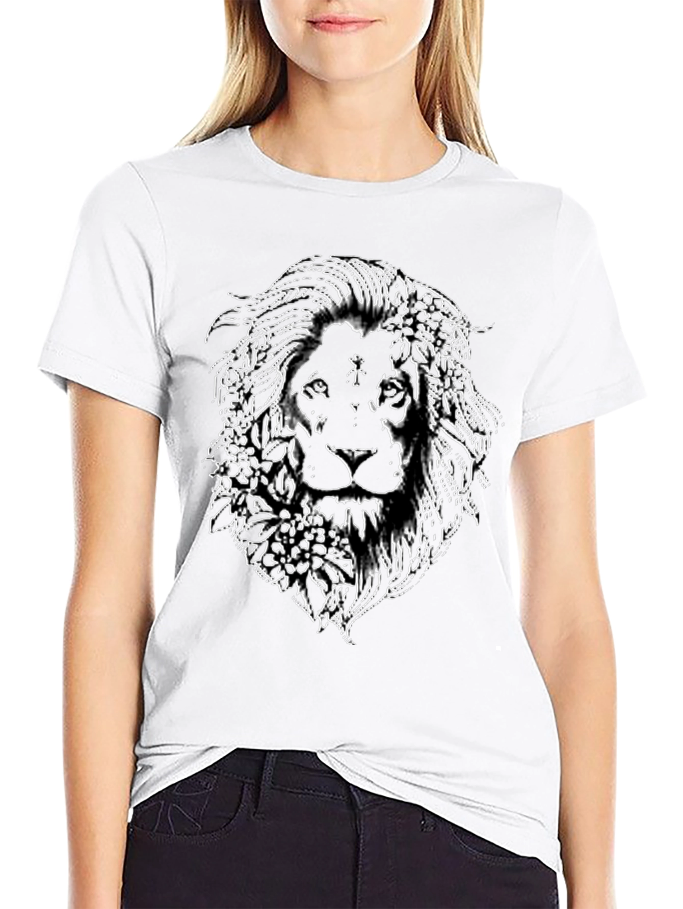 Lion Floral Graphic Print Black T-Shirt