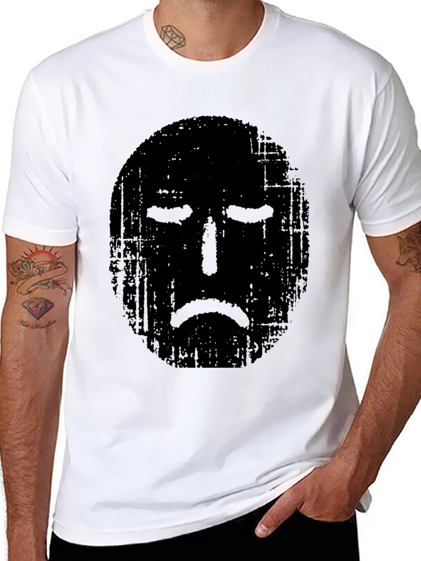 Distressed Sad Face Graphic Black T-Shirt