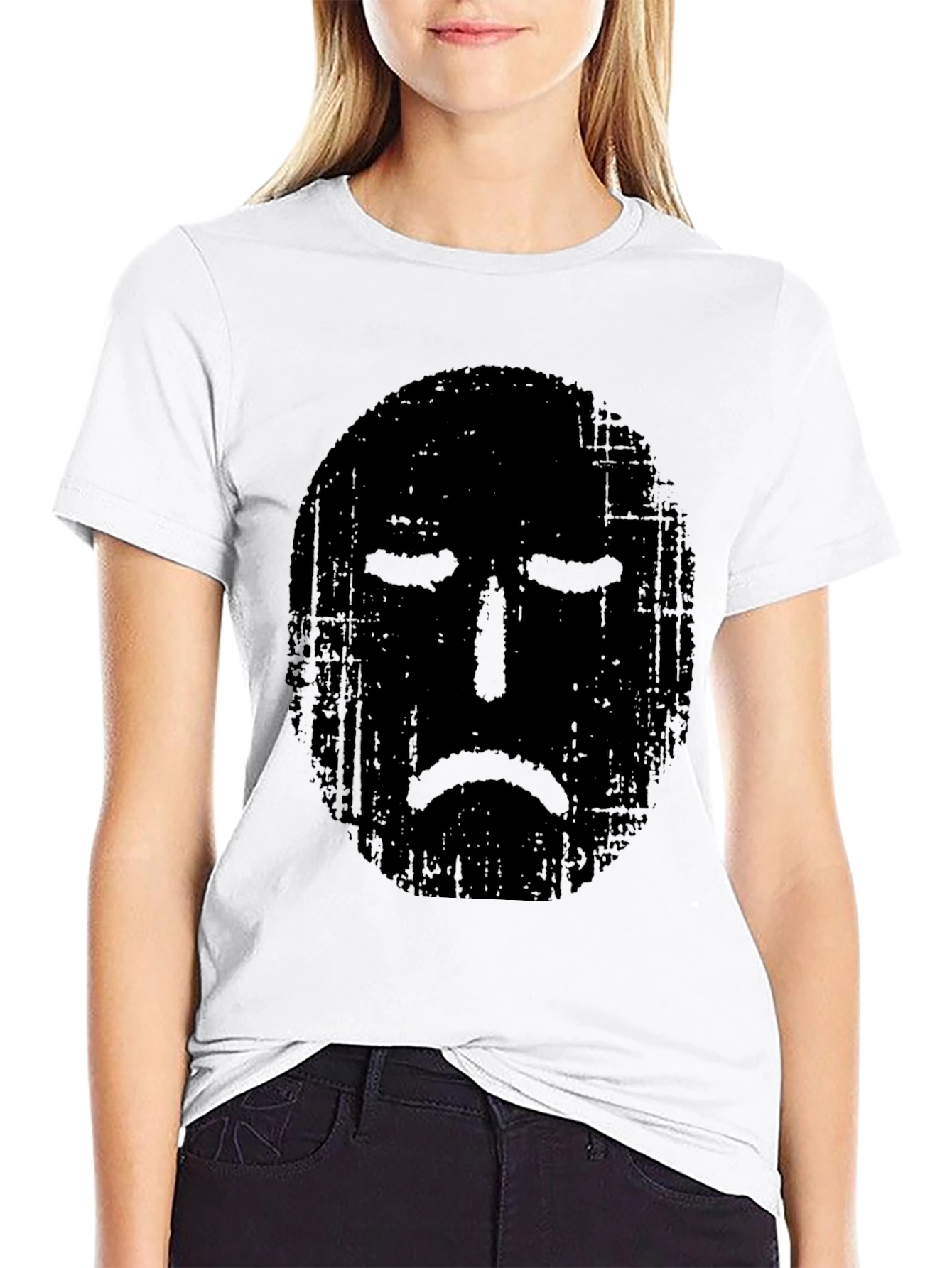 Distressed Sad Face Graphic Black T-Shirt