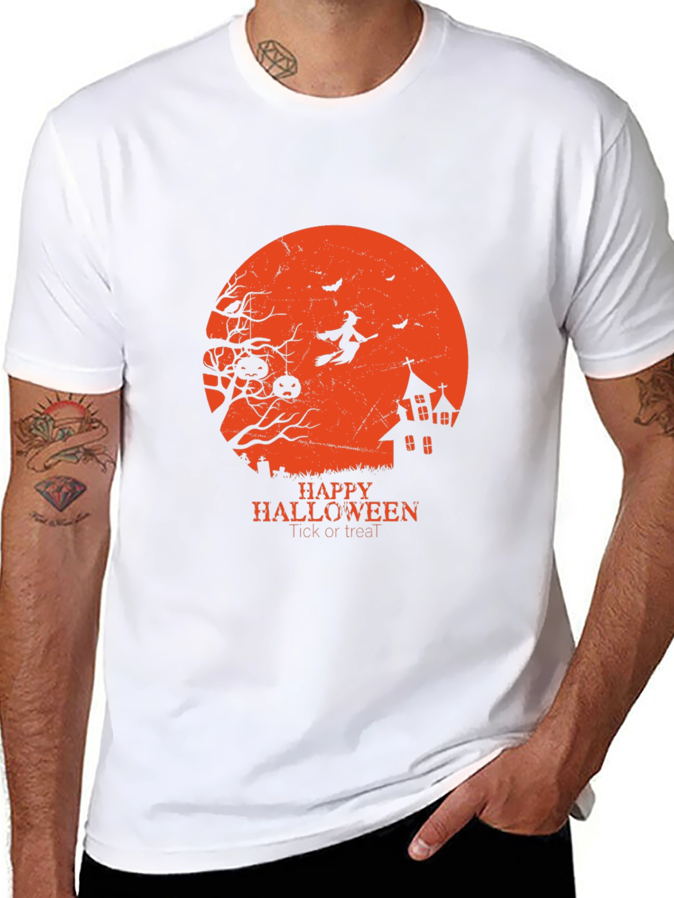 Halloween Graphic Tee - Witch & Haunted House