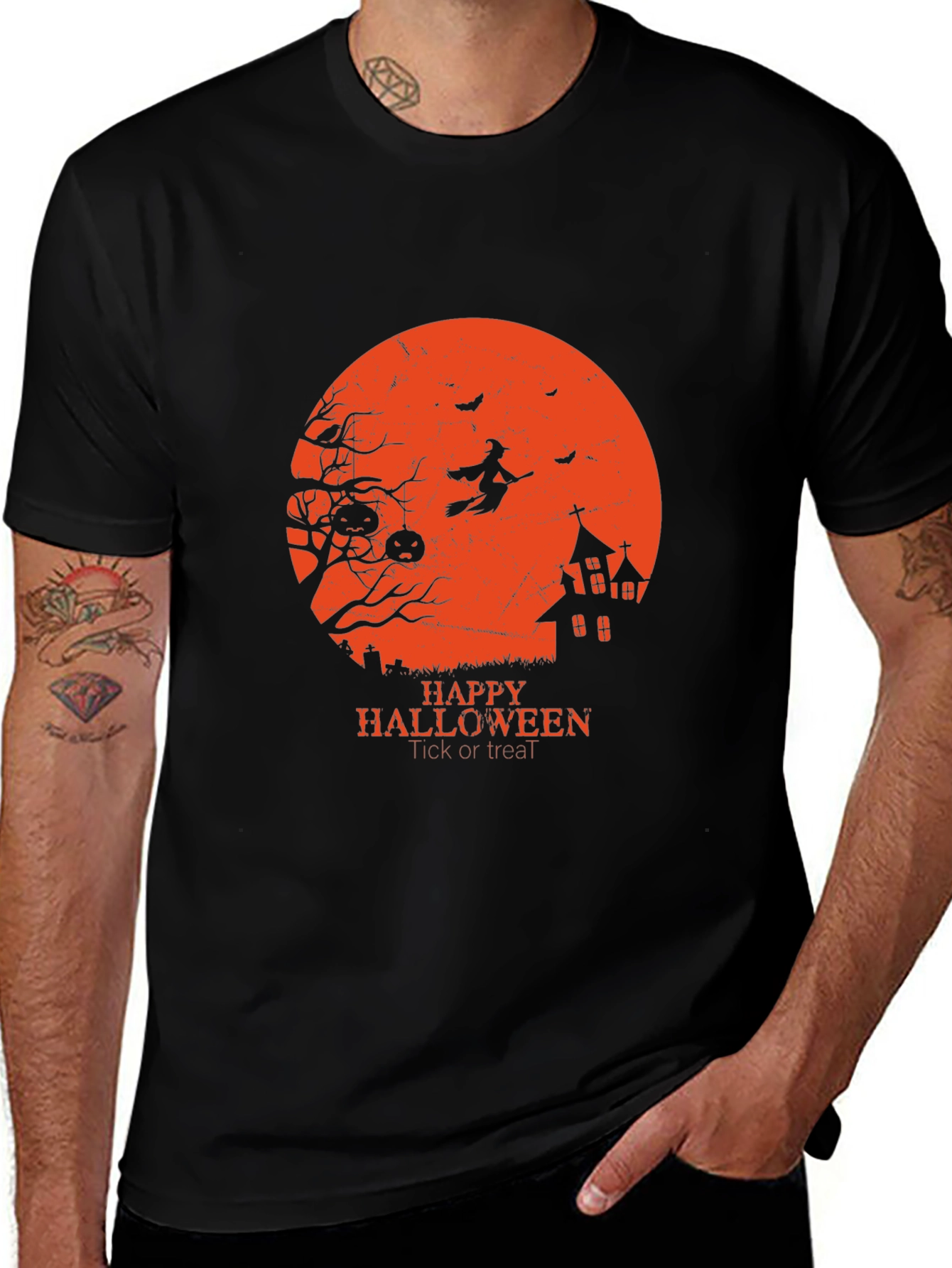 Halloween Graphic Tee - Witch & Haunted House