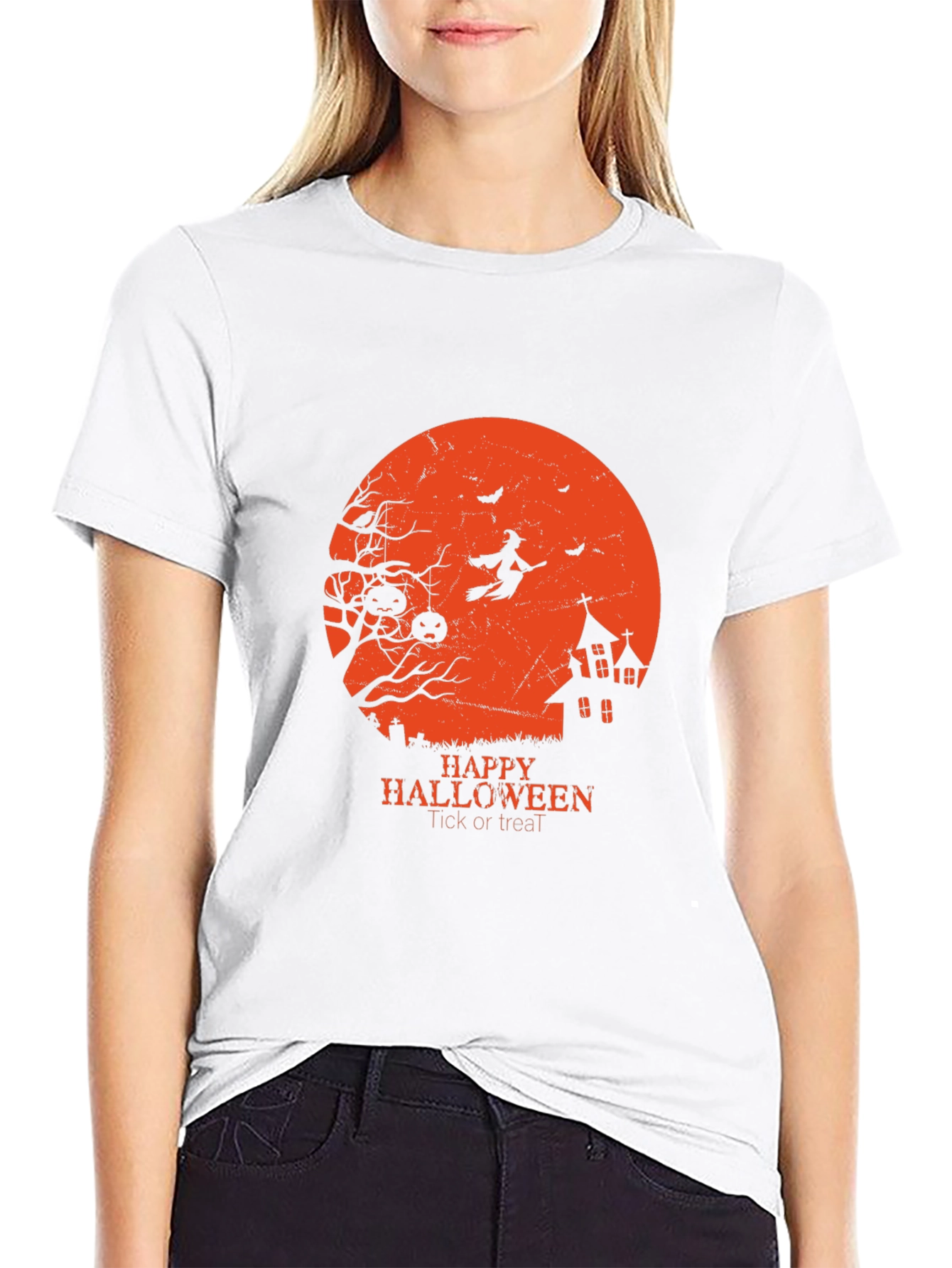 Halloween Graphic Tee - Witch & Haunted House