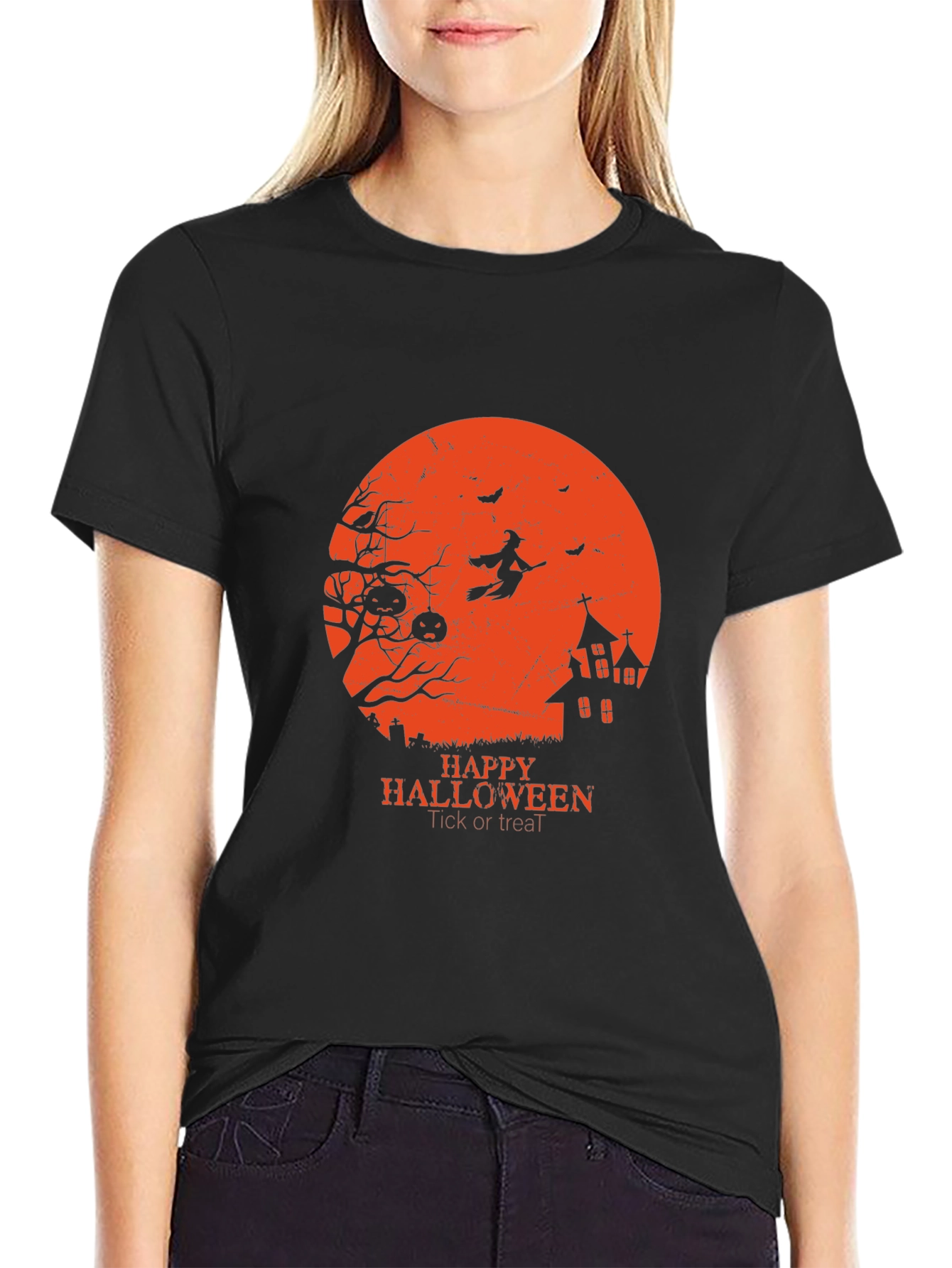 Halloween Graphic Tee - Witch & Haunted House