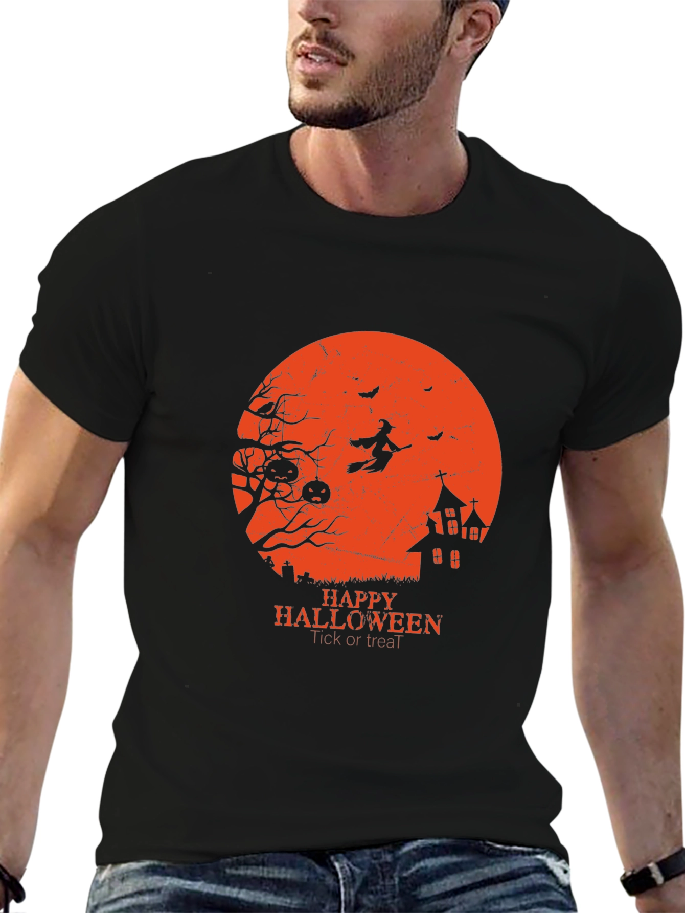 Halloween Graphic Tee - Witch & Haunted House